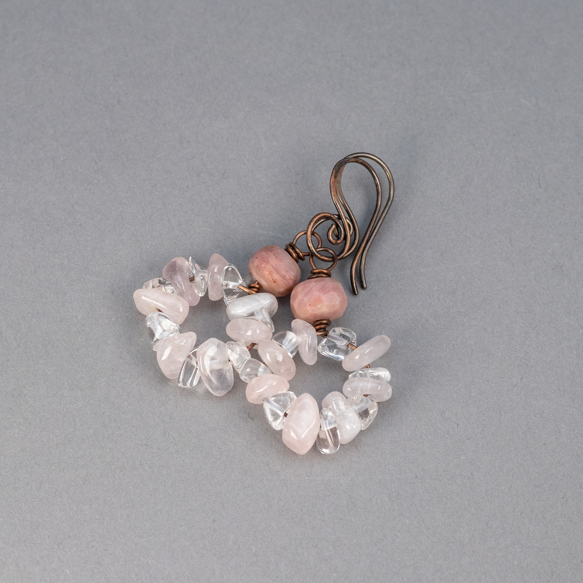 Pink Stone Circle Earrings, Rose Quartz Rhodonite and Rock Crystal Earrings in Copper