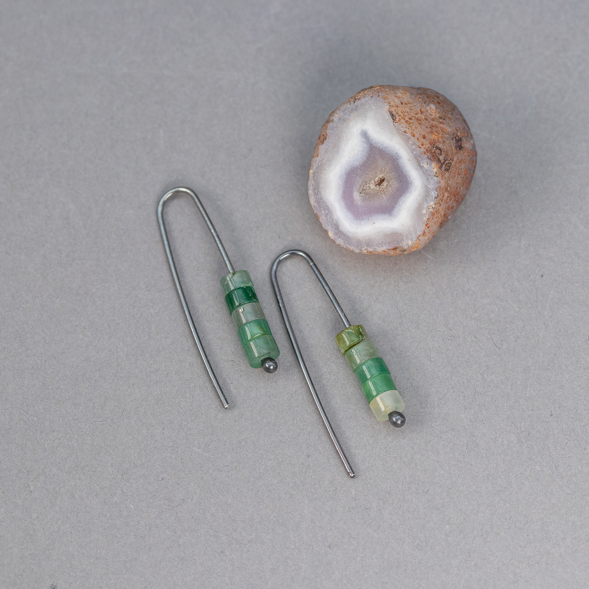 Green Stone Silver Wire Threader Earrings, Dainty Chalcedony Earrings