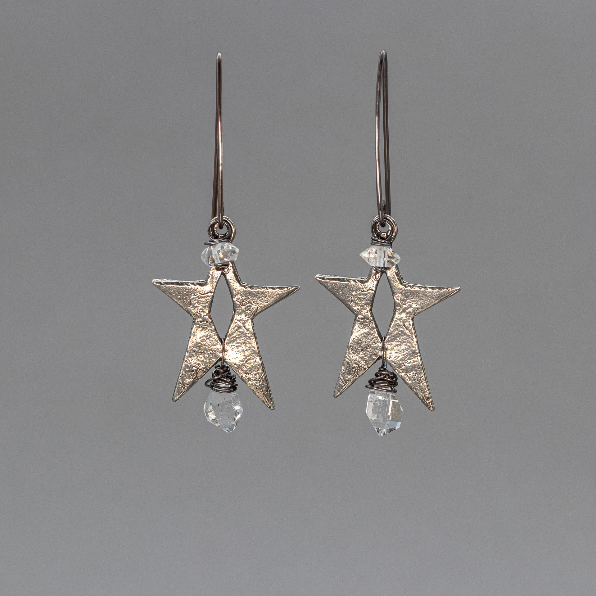 Herkimer Diamond Dangle Earrings, Twinkling Star Earrings with Artisan Pewter Charms