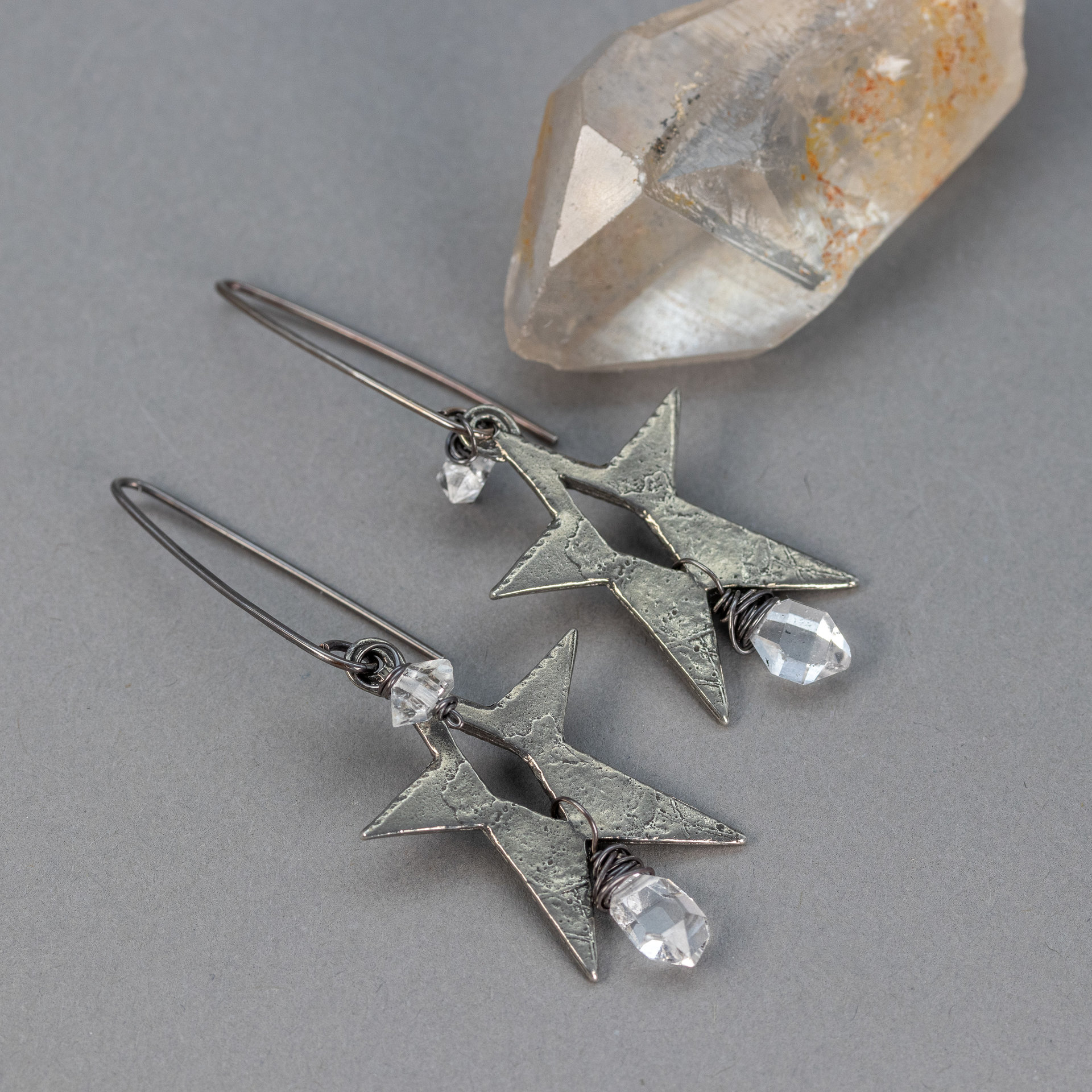 Herkimer Diamond Dangle Earrings, Twinkling Star Earrings with Artisan Pewter Charms