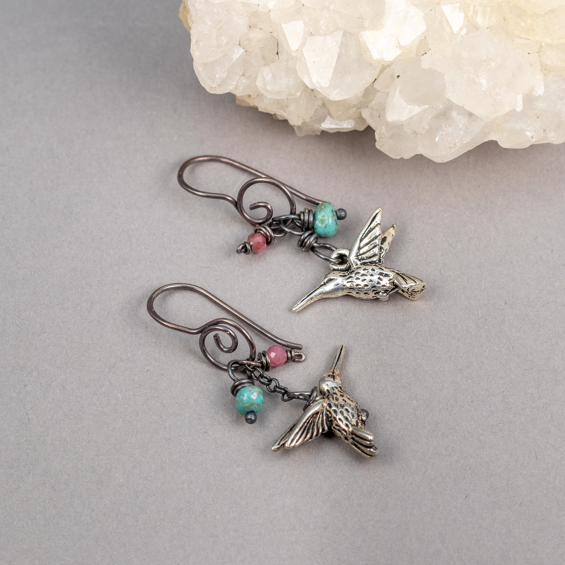 Nature-Inspired Earrings with Hummingbird Charms, Turquoise and Tourmaline Gemstones