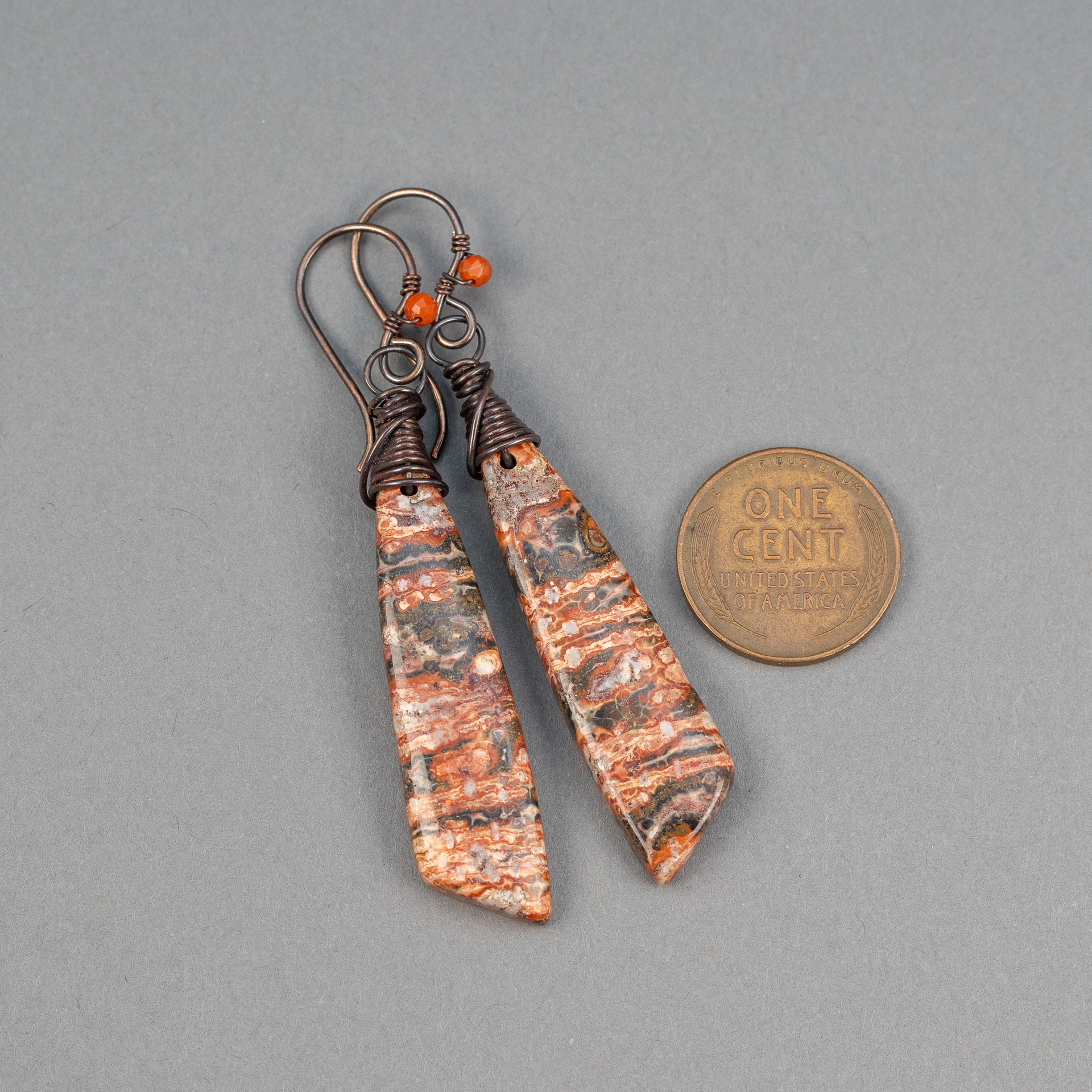 Dramatic Stone Tablet Earrings, Striking Red and Brown Jasper Earrings in Copper