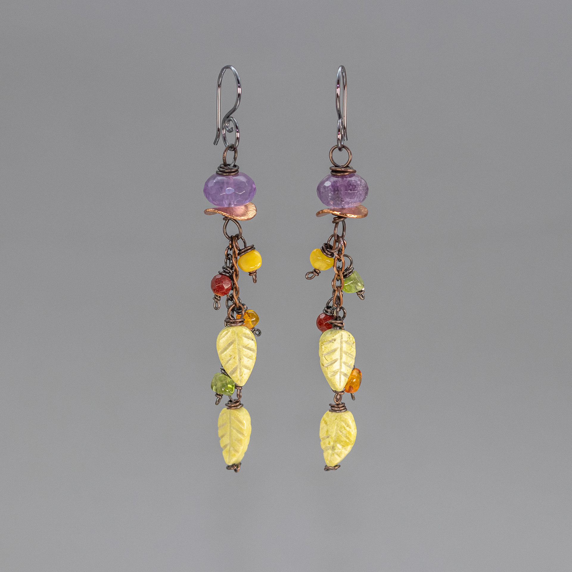 Falling Leaves Dangle Earrings, Amethyst and Serpentine Earrings in Copper