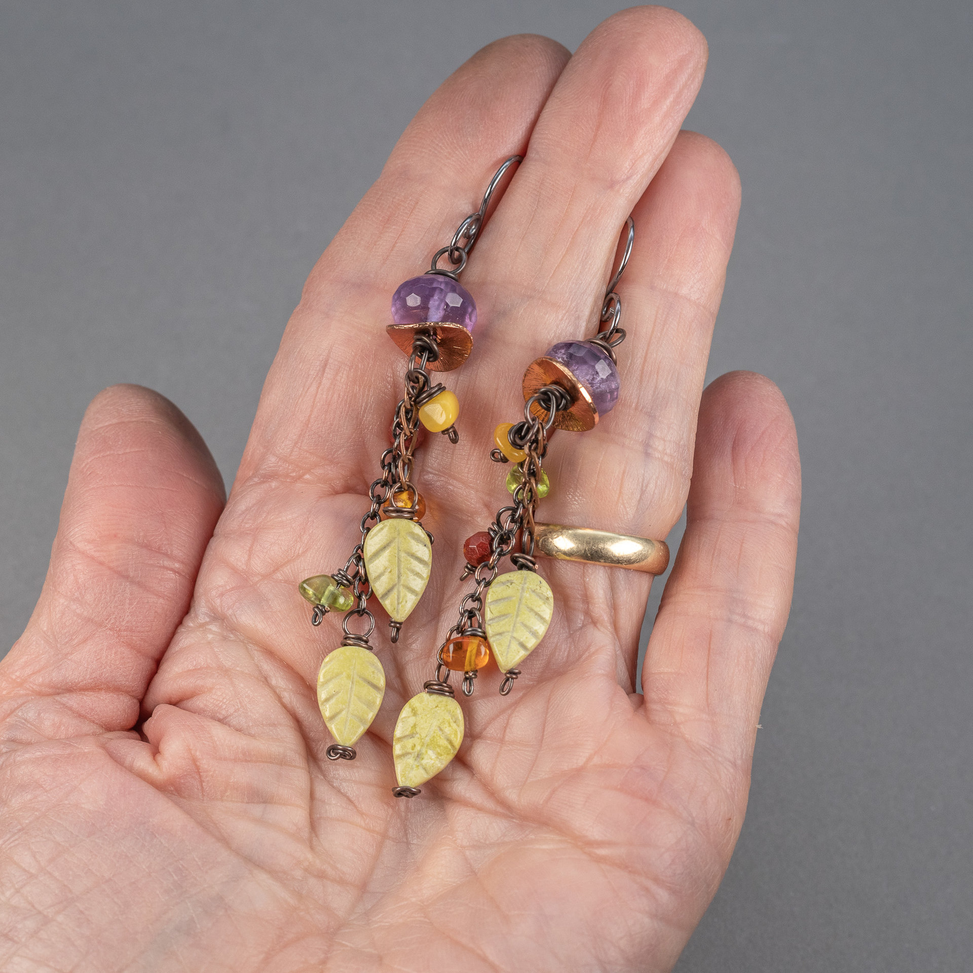 Falling Leaves Dangle Earrings, Amethyst and Serpentine Earrings in Copper