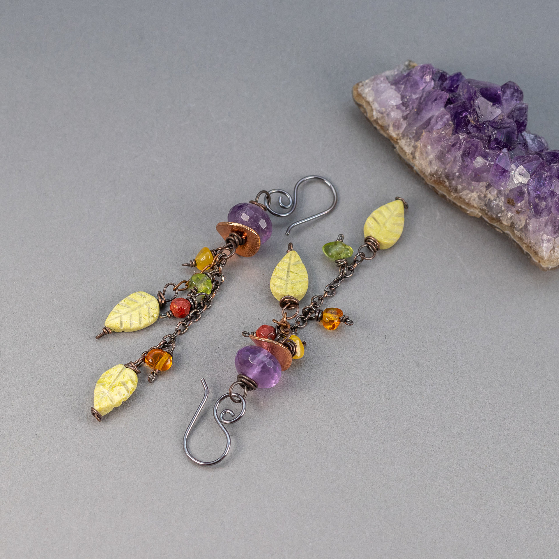 Falling Leaves Dangle Earrings, Amethyst and Serpentine Earrings in Copper