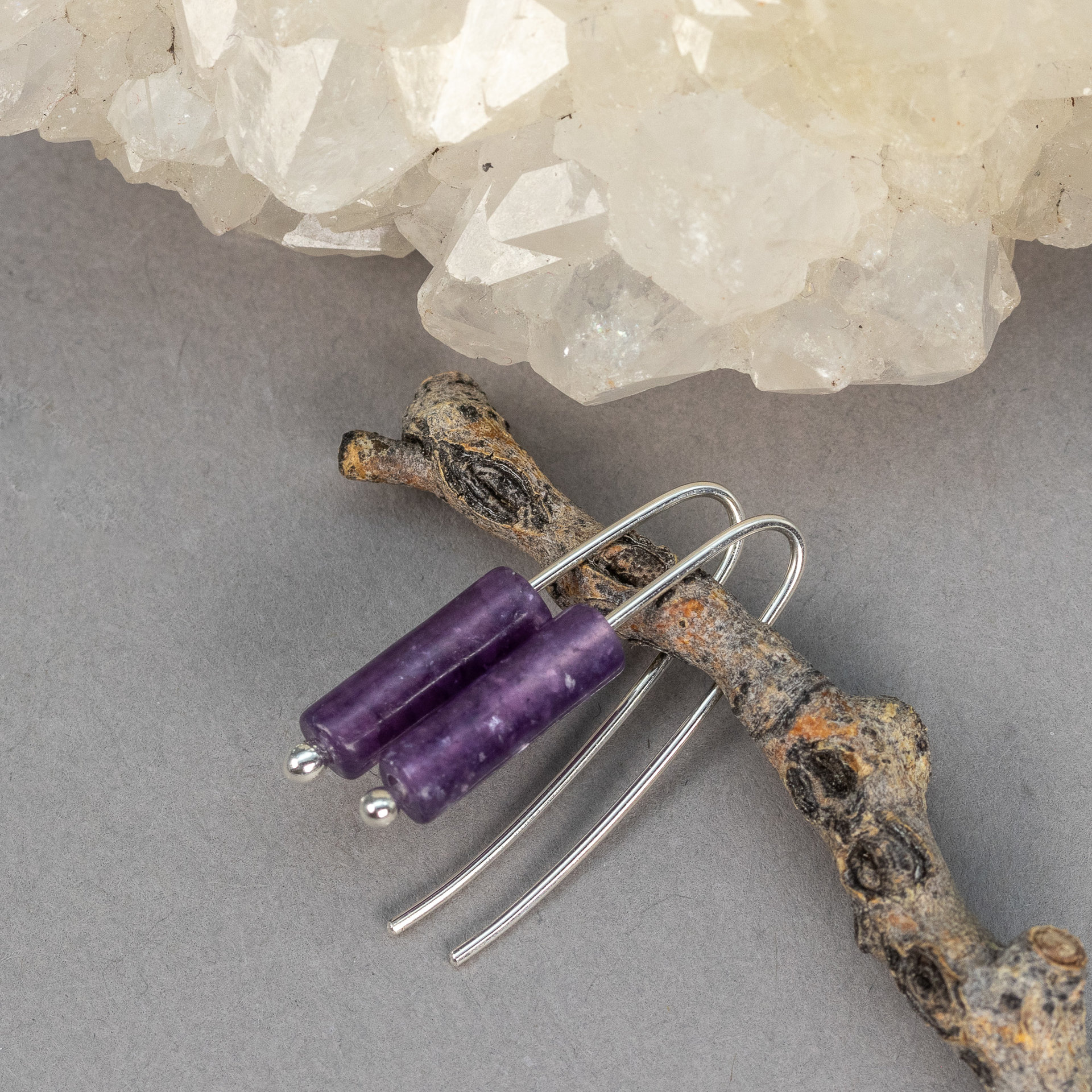 Modern Wire Threader Earrings, Sleek and Dainty Drop Earrings with Purple Stones