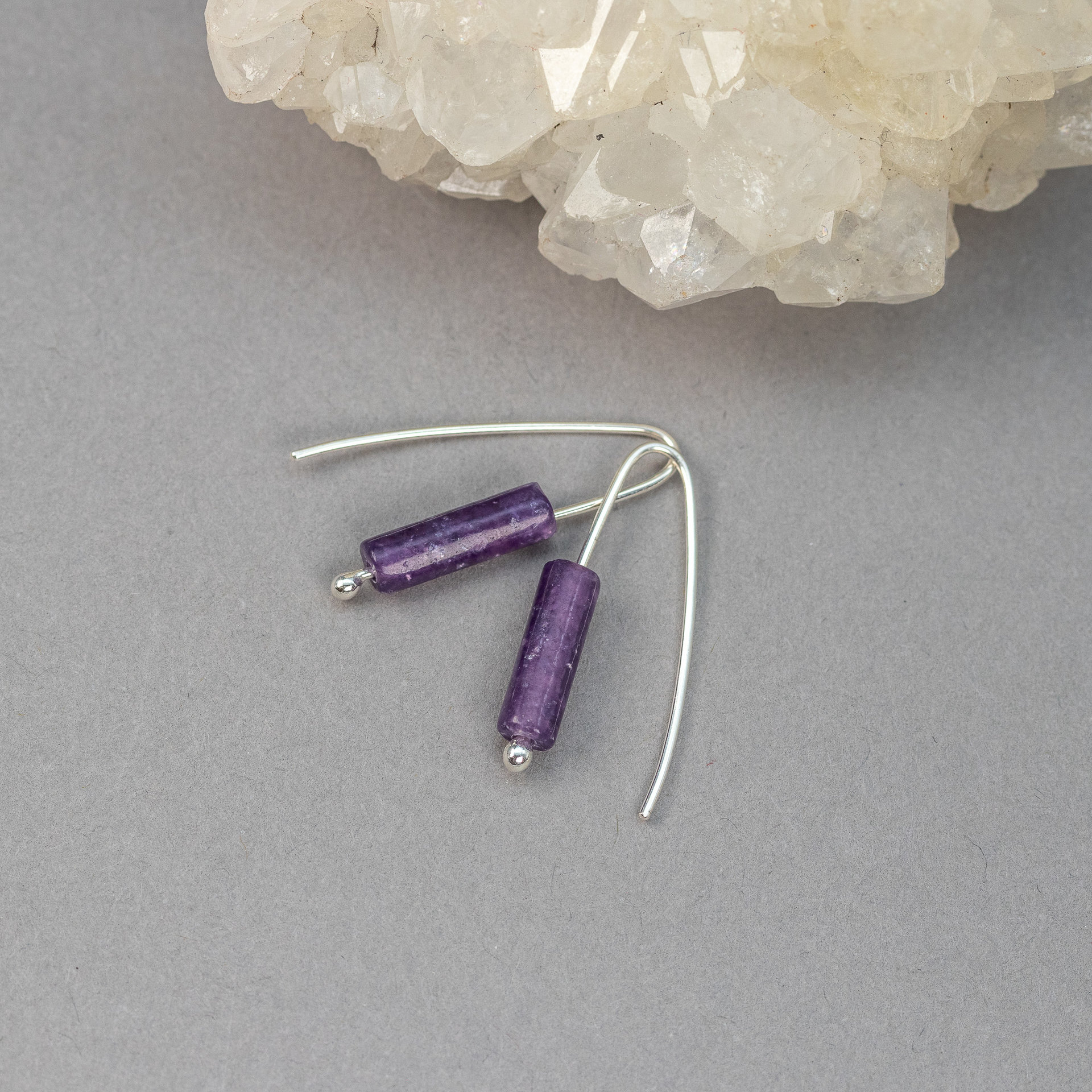 Modern Wire Threader Earrings, Sleek and Dainty Drop Earrings with Purple Stones