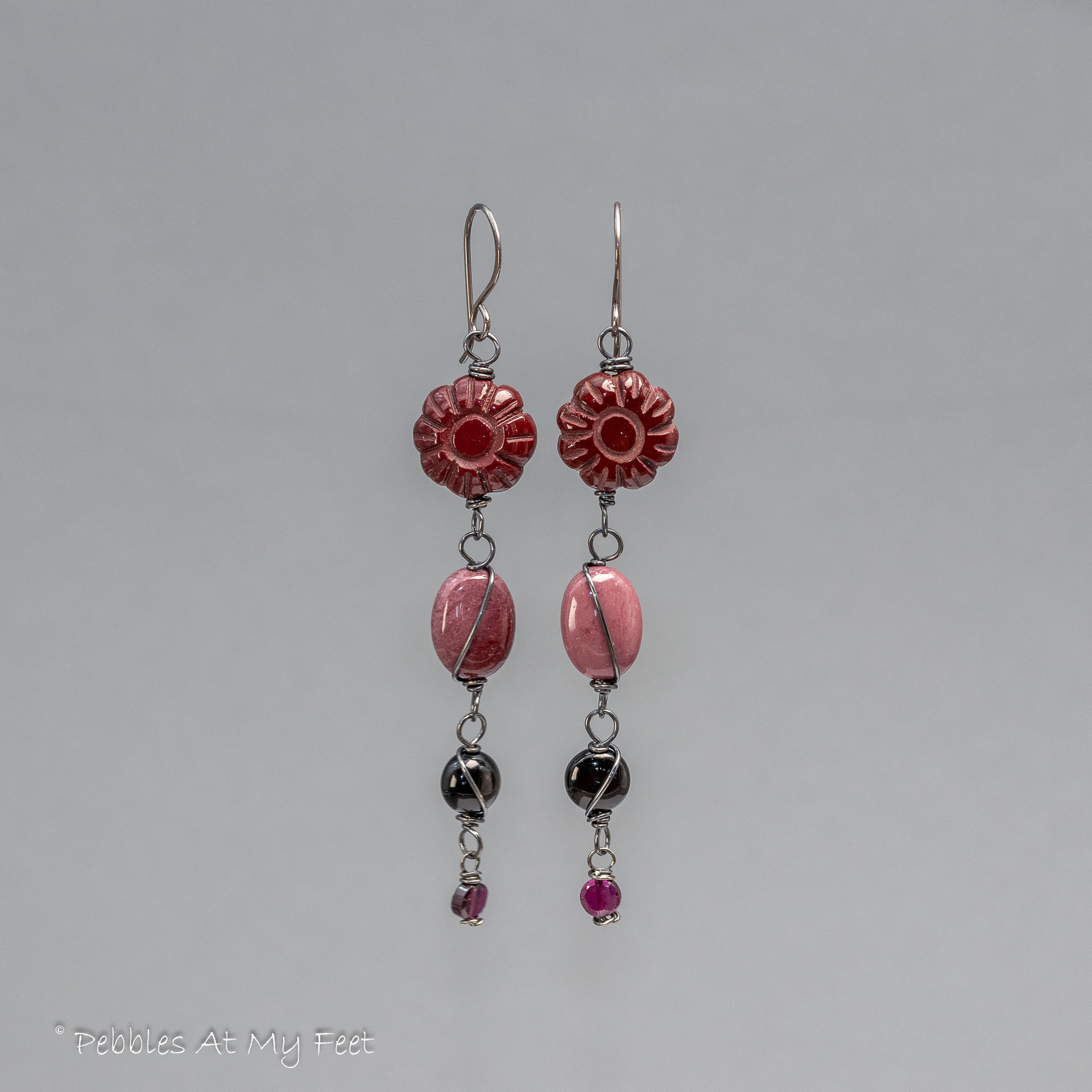 Long Dangle Earrings in Shades of Burgundy and Black, Garnet Obsidian and Mookaite Earrings