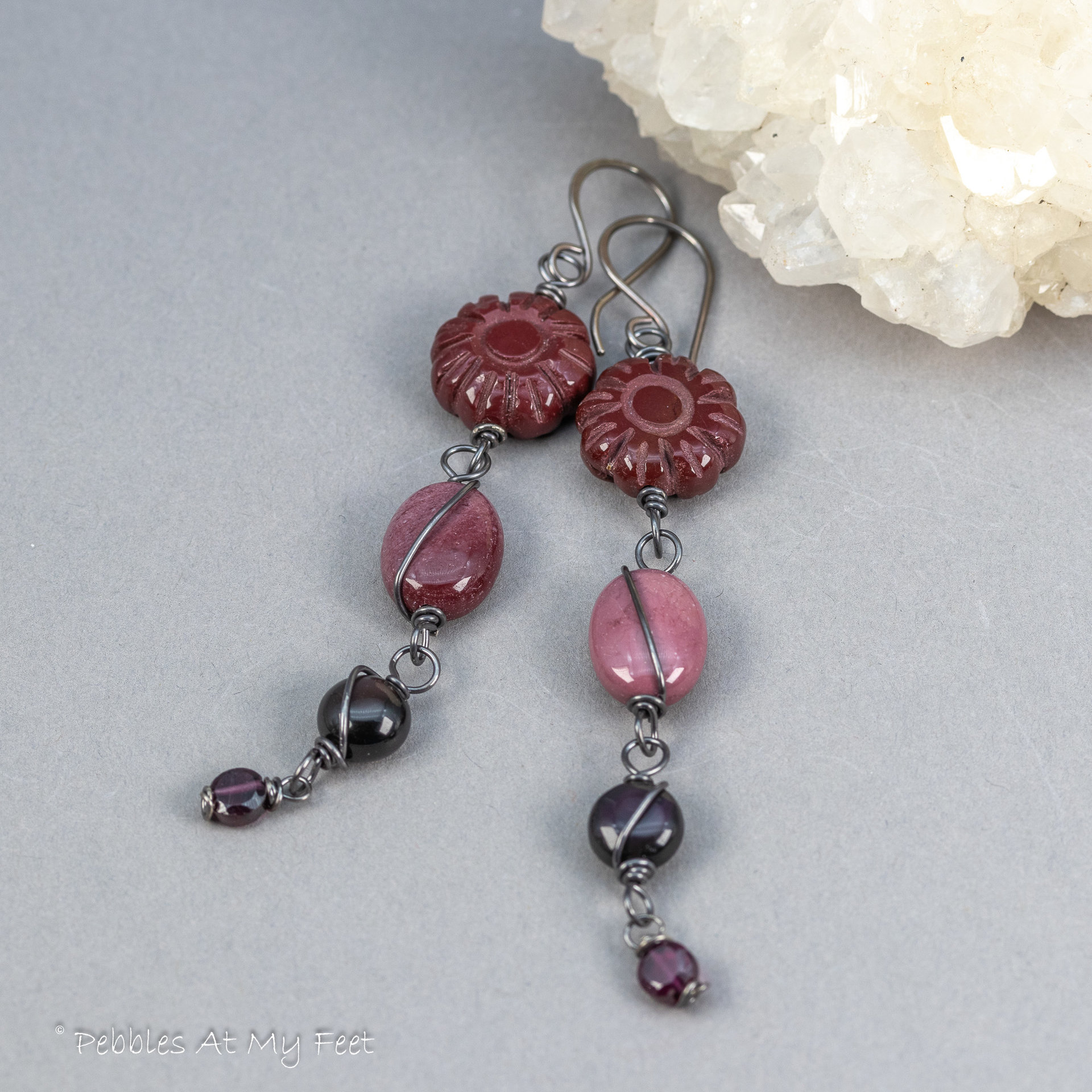 Long Dangle Earrings in Shades of Burgundy and Black, Garnet Obsidian and Mookaite Earrings