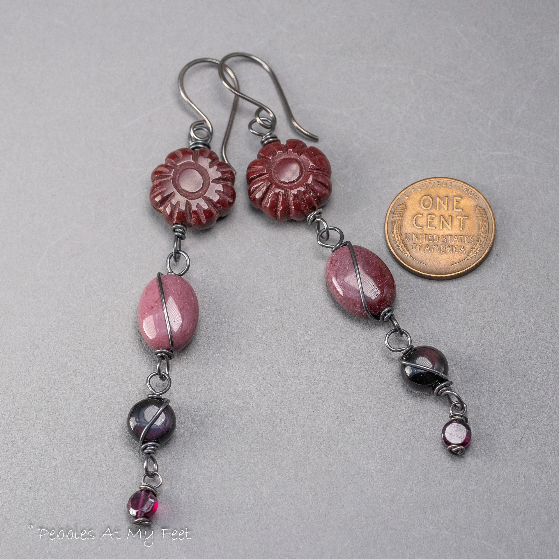 Long Dangle Earrings in Shades of Burgundy and Black, Garnet Obsidian and Mookaite Earrings