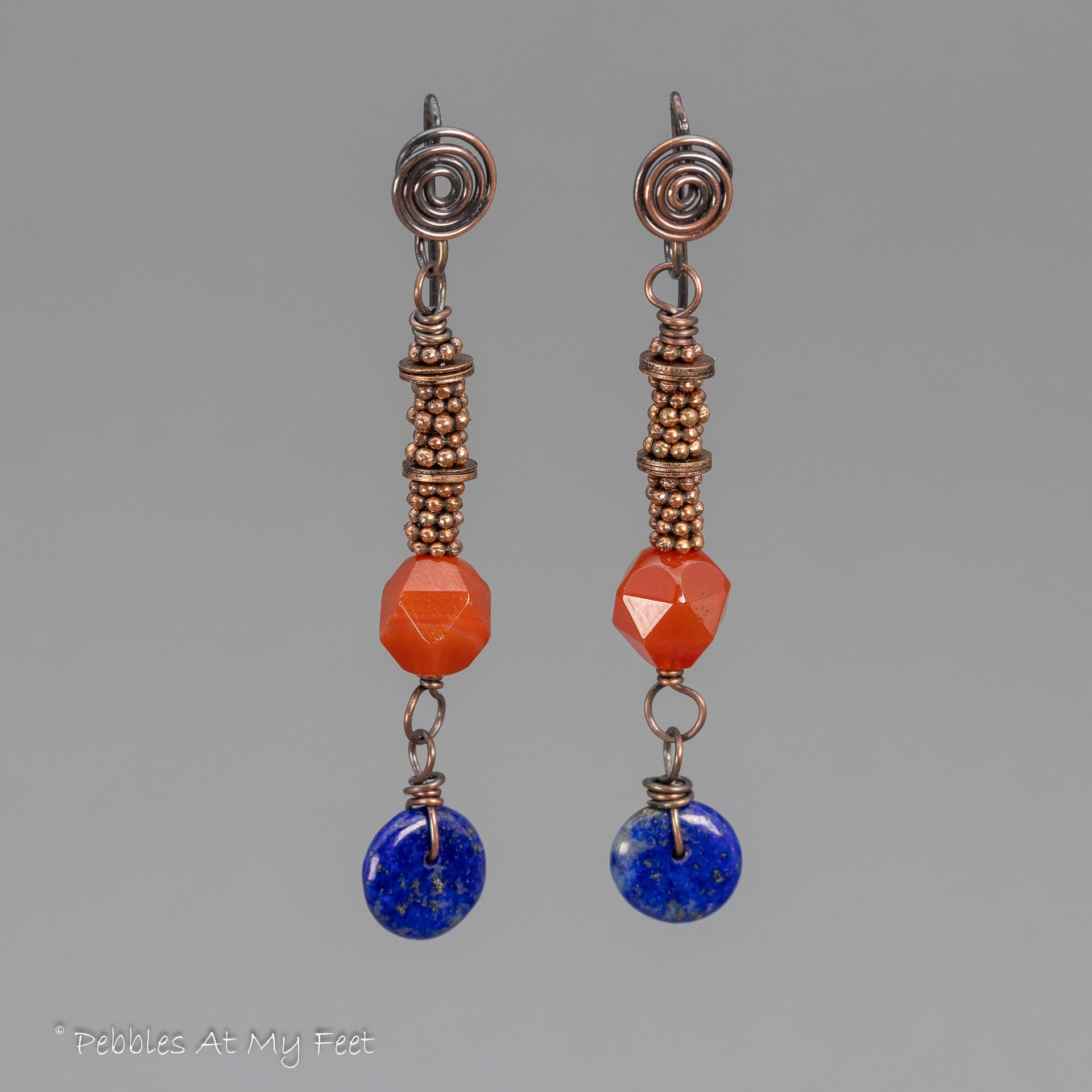 Long Tribal Style Dangle Earrings with Orange and Blue Natural Stones