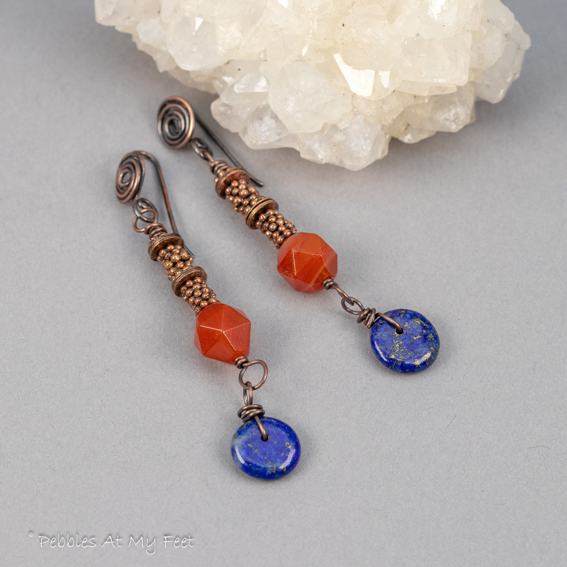 Long Tribal Style Dangle Earrings with Orange and Blue Natural Stones