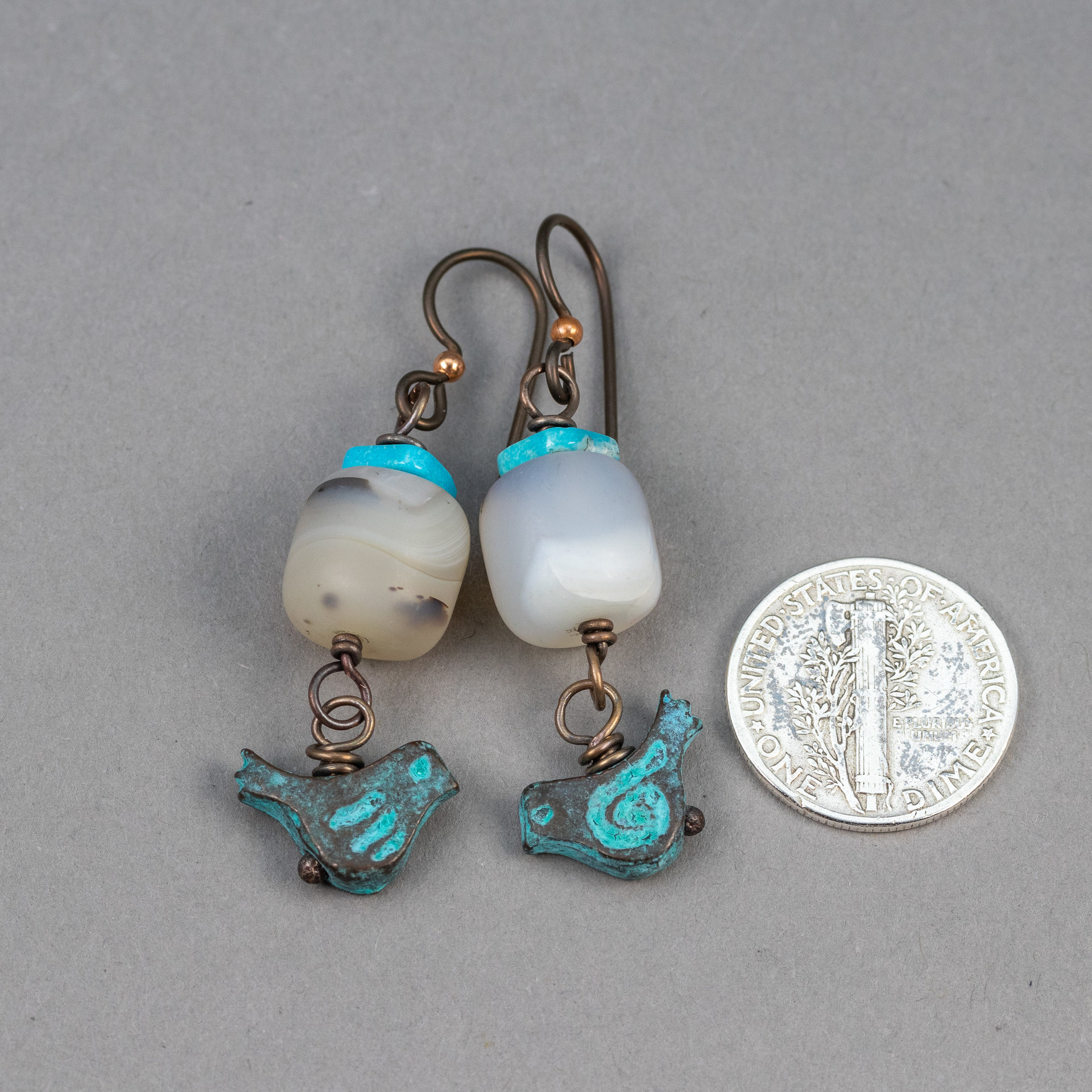 Little Bird Dangle Earrings with Turquoise and Agate Natural Stones