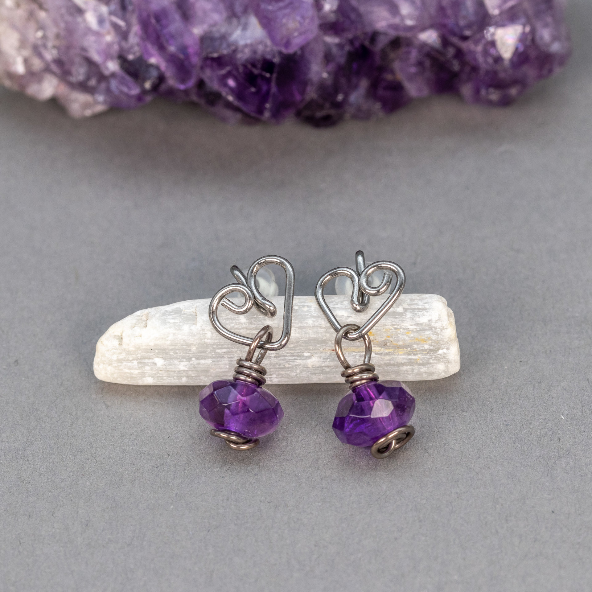 Handmade Niobium Post Earrings, Rustic Heart Studs with Amethyst Drop