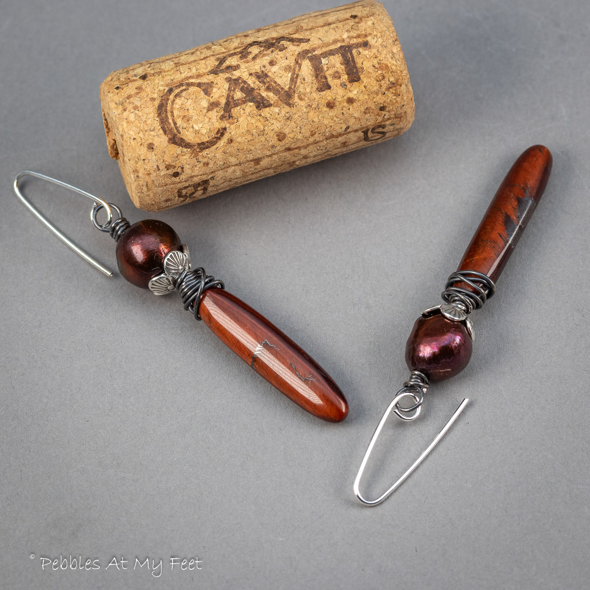 Red Tiger's Eye Earrings with Hill Tribes Fine Silver and Freshwater Pearls