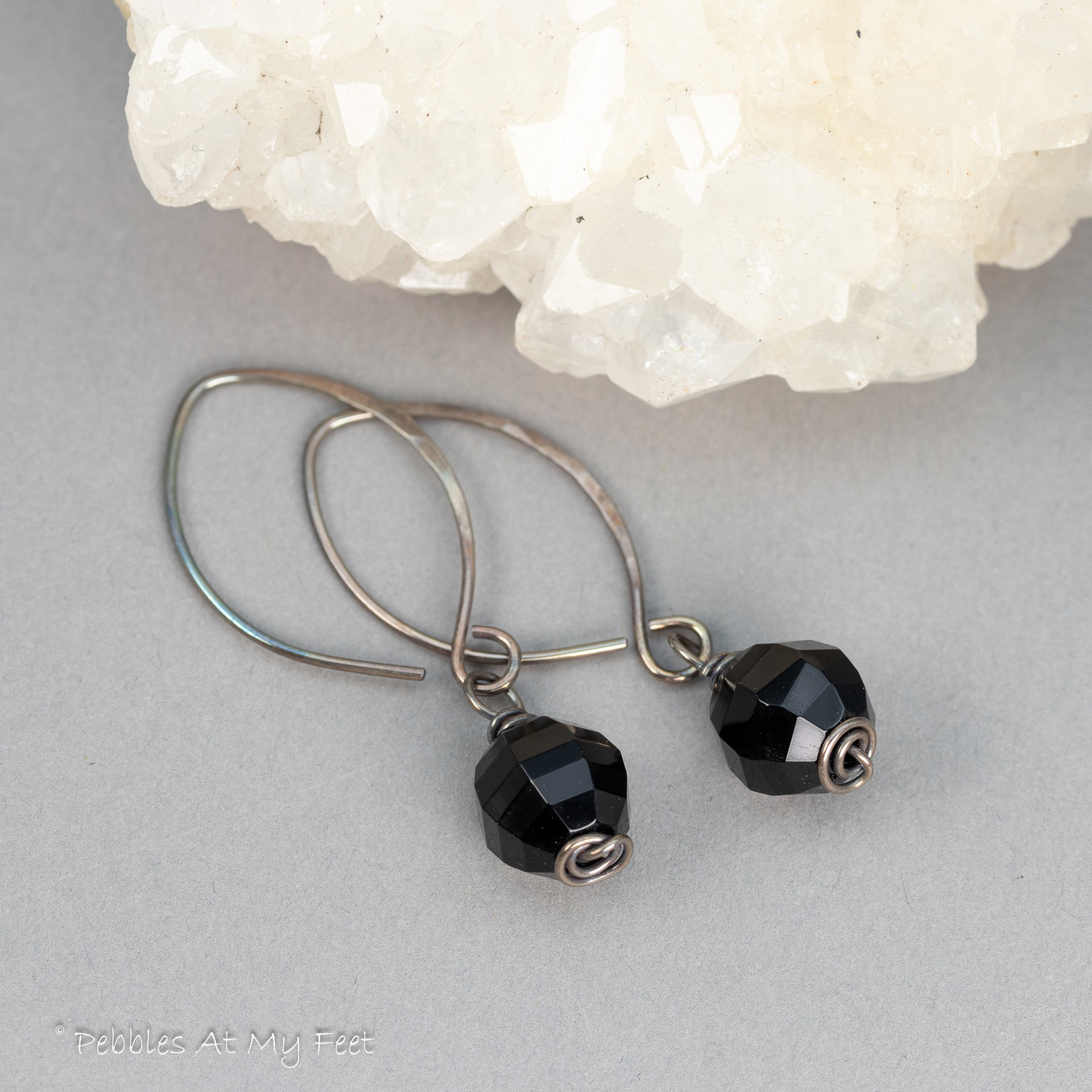 Simple Drop Earrings of Black Onyx and Oxidized Sterling Silver