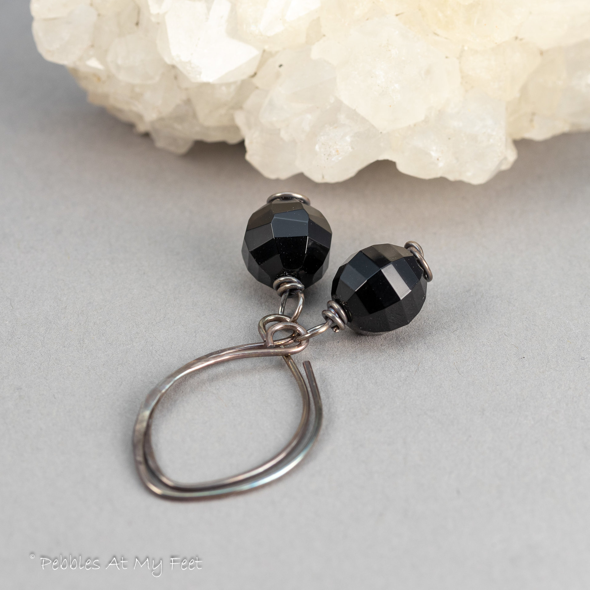 Simple Drop Earrings of Black Onyx and Oxidized Sterling Silver