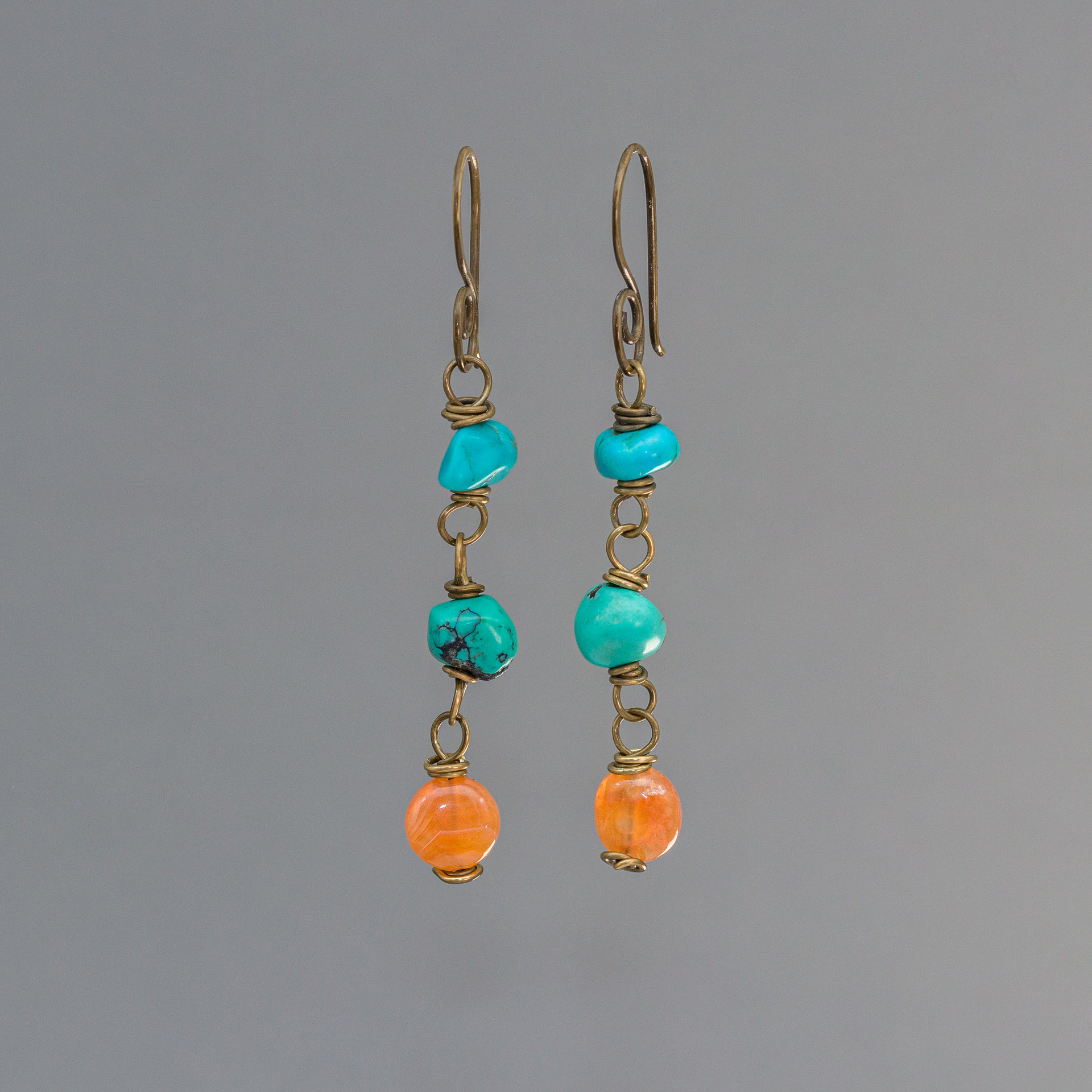 Genuine Turquoise Dangle Earrings with Red Botswana Agate Wired in Brass