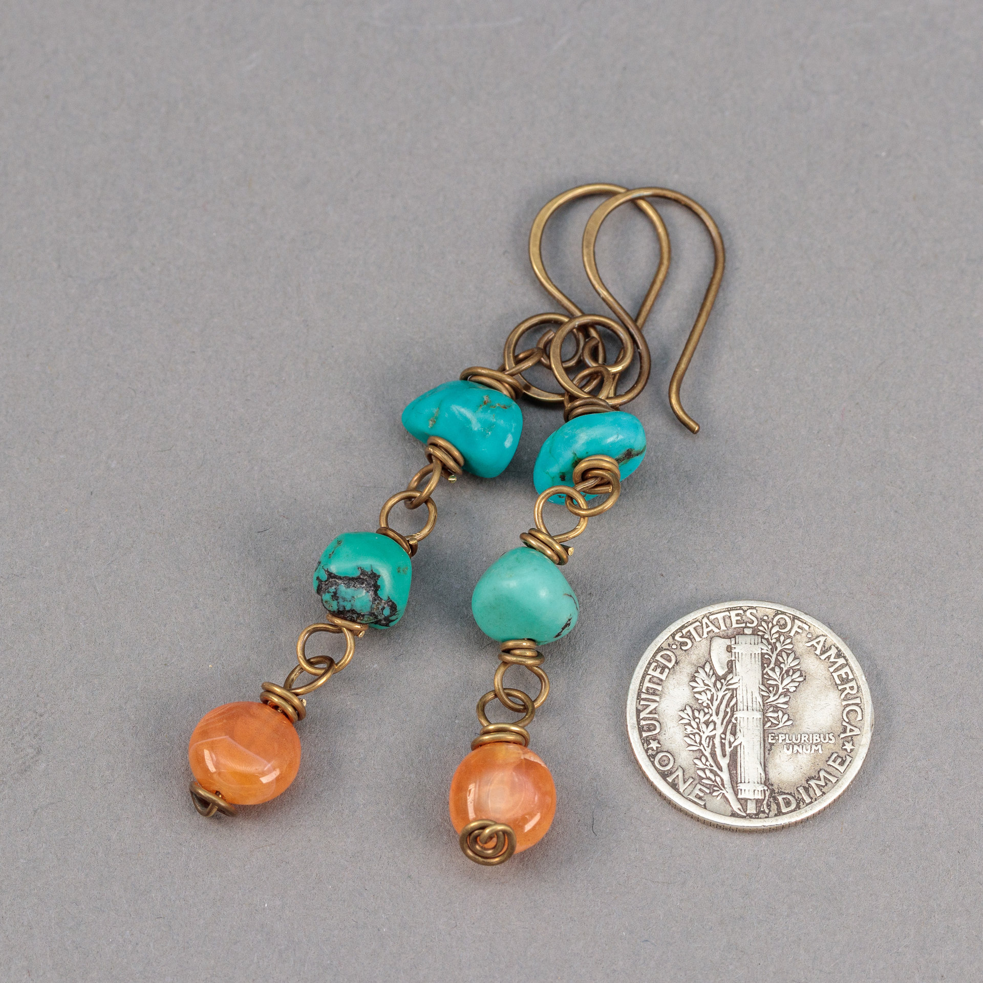 Genuine Turquoise Dangle Earrings with Red Botswana Agate Wired in Brass