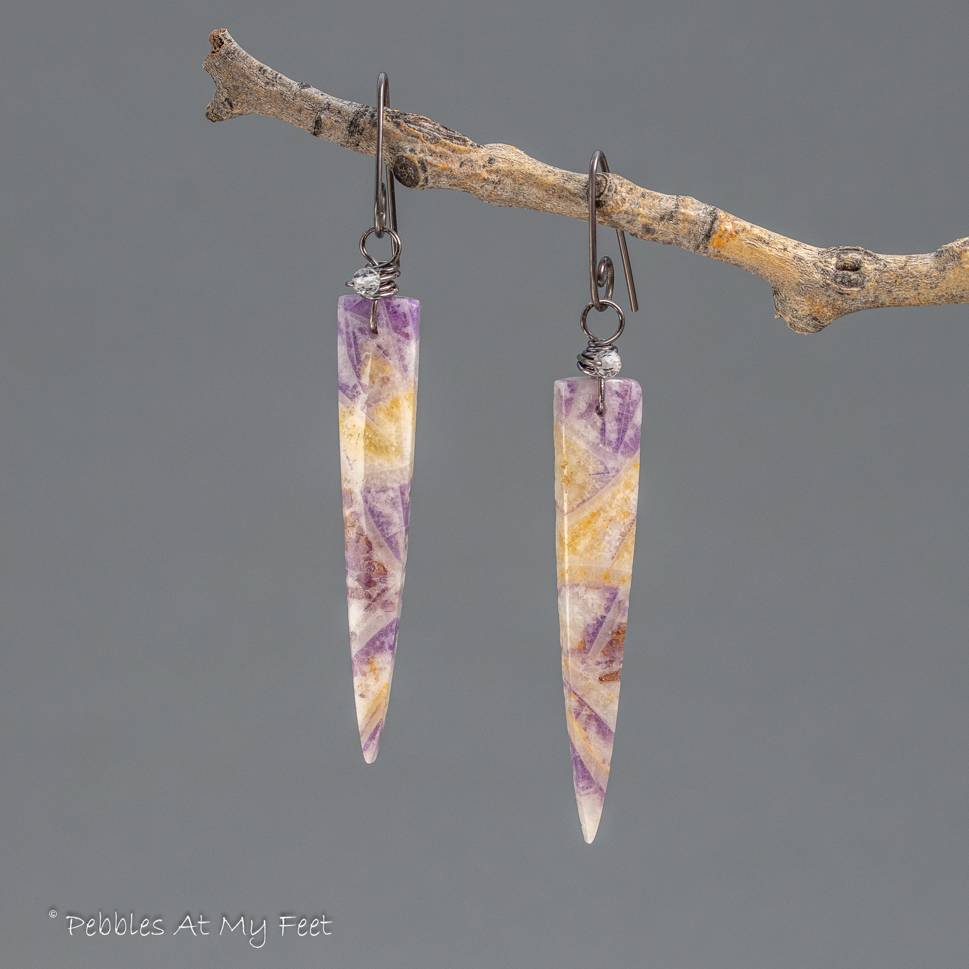Purple Stone Dagger Earrings with Petrified Fluorite and Topaz 