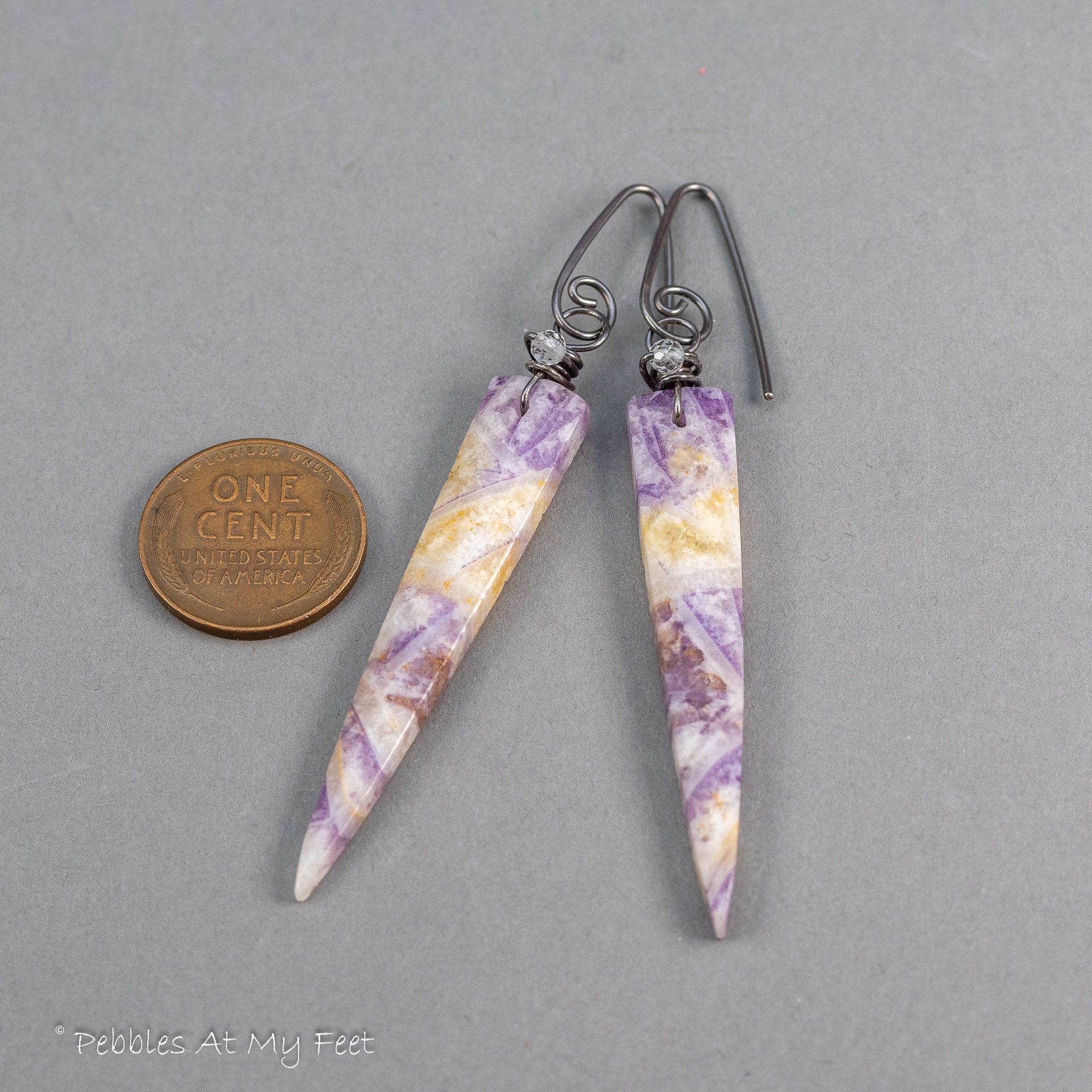 Purple Stone Dagger Earrings with Petrified Fluorite and Topaz 