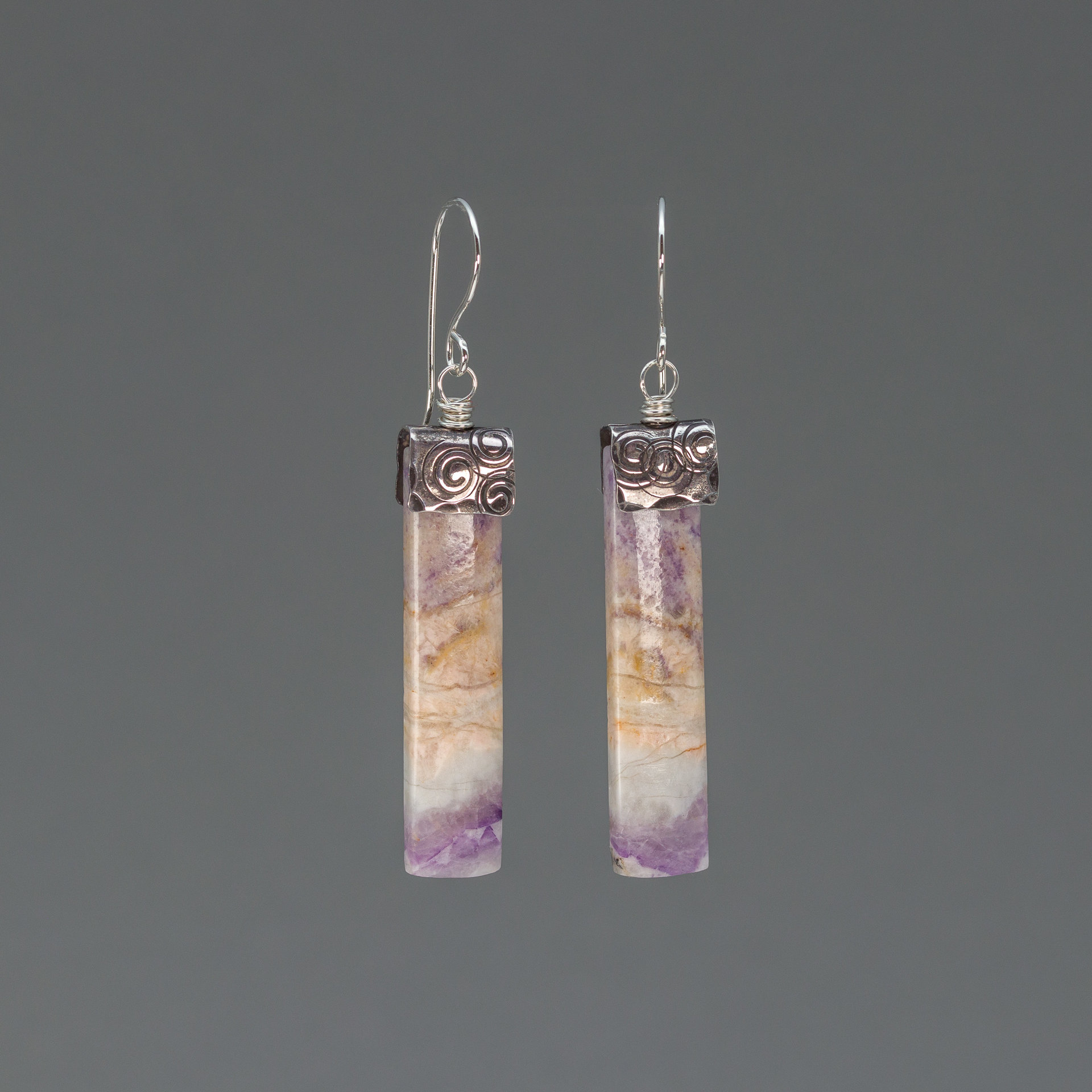 Marbled Purple and White Natural Stone Slab Earrings Handmade in Sterling Silver
