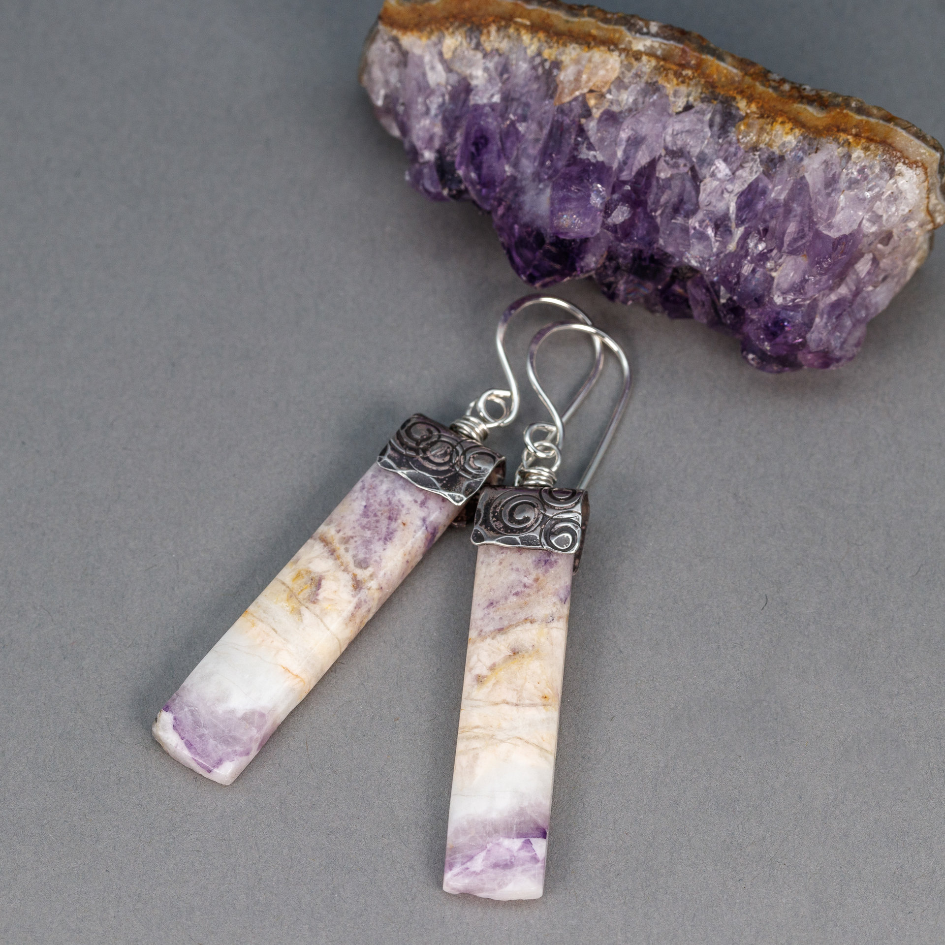 Marbled Purple and White Natural Stone Slab Earrings Handmade in Sterling Silver