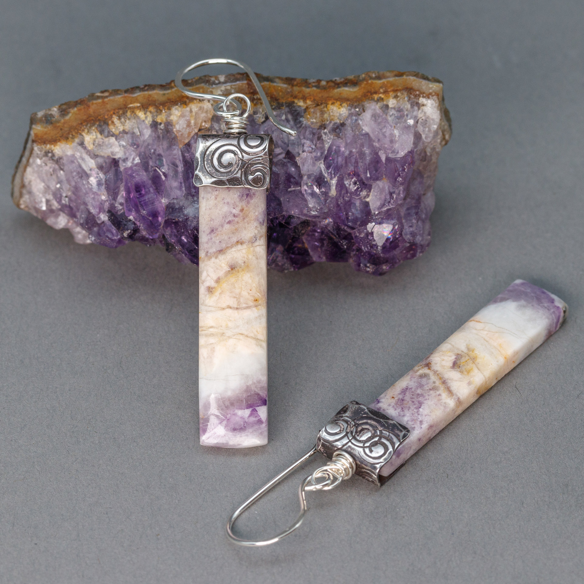Marbled Purple and White Natural Stone Slab Earrings Handmade in Sterling Silver