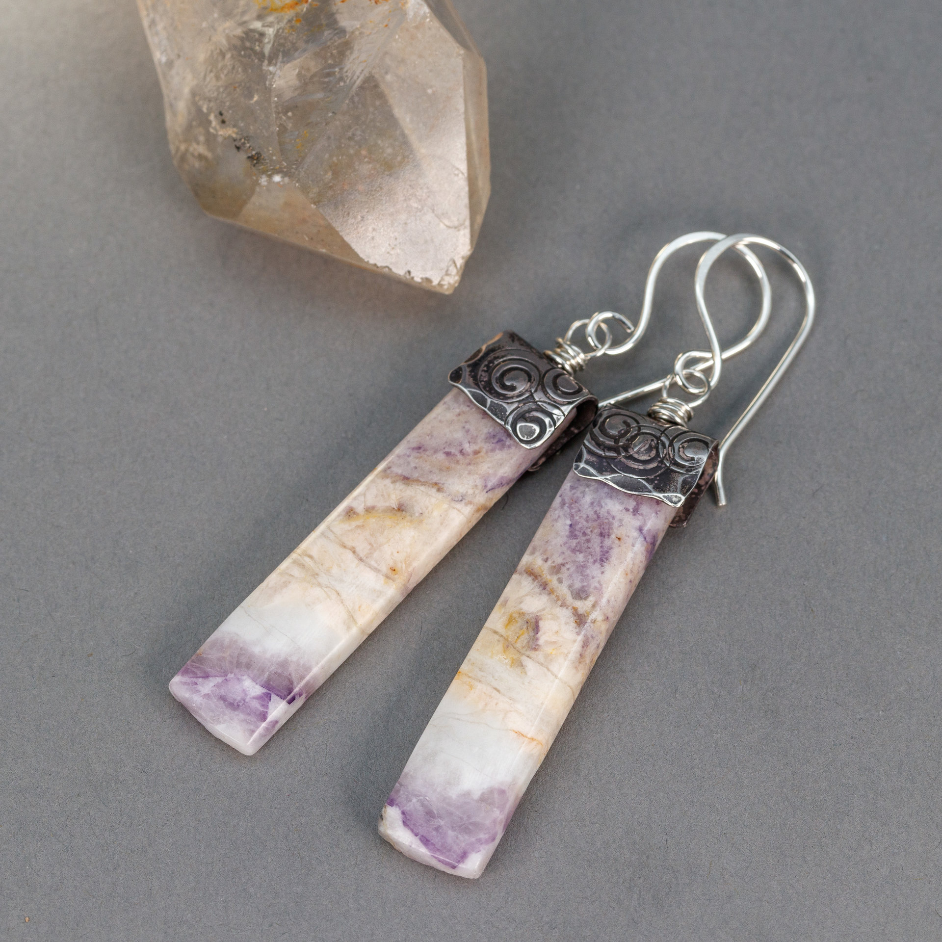 Marbled Purple and White Natural Stone Slab Earrings Handmade in Sterling Silver