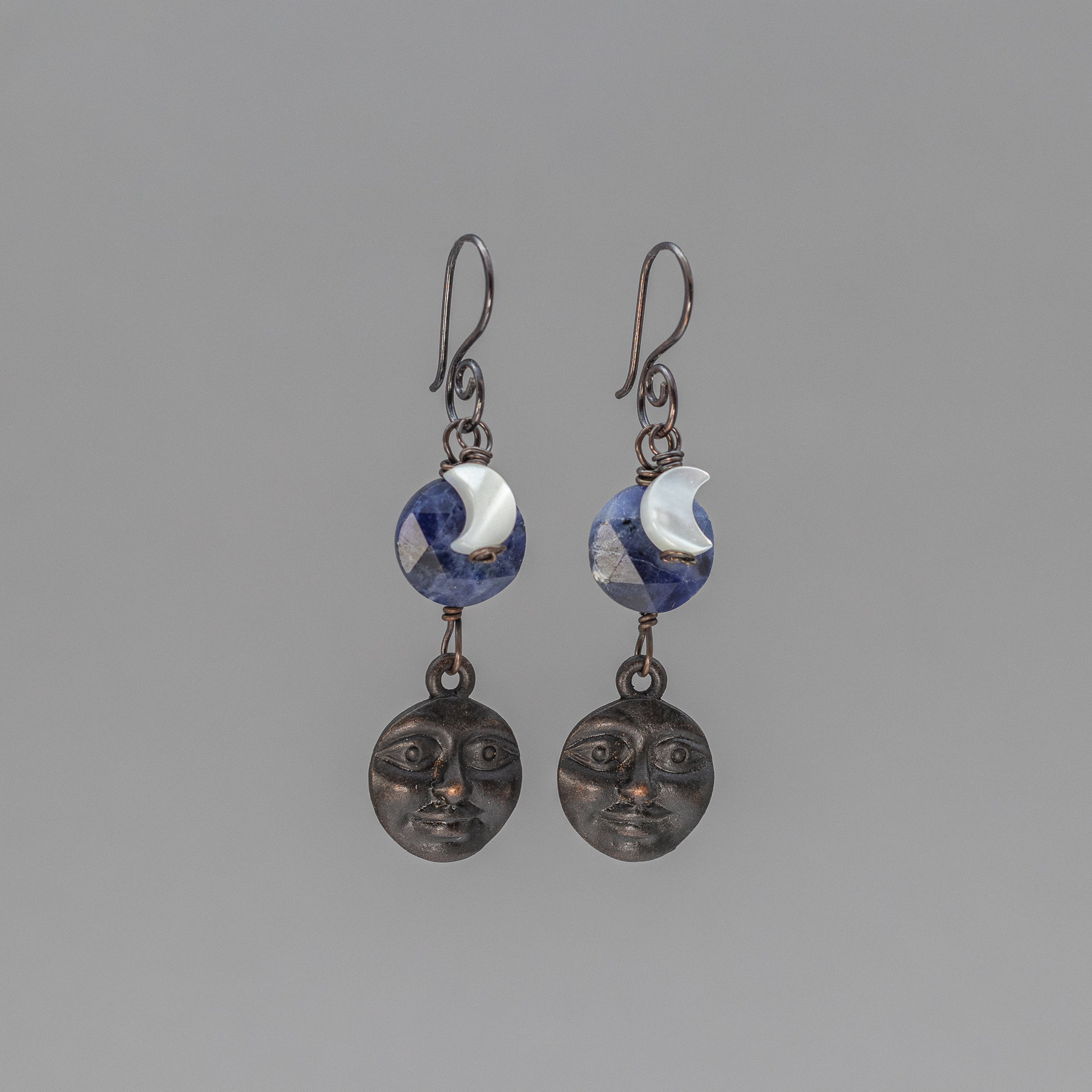 Man-in-the-Moon Dangle Earrings with Blue Sodalite and Mother of Pearl, Handmade in Copper