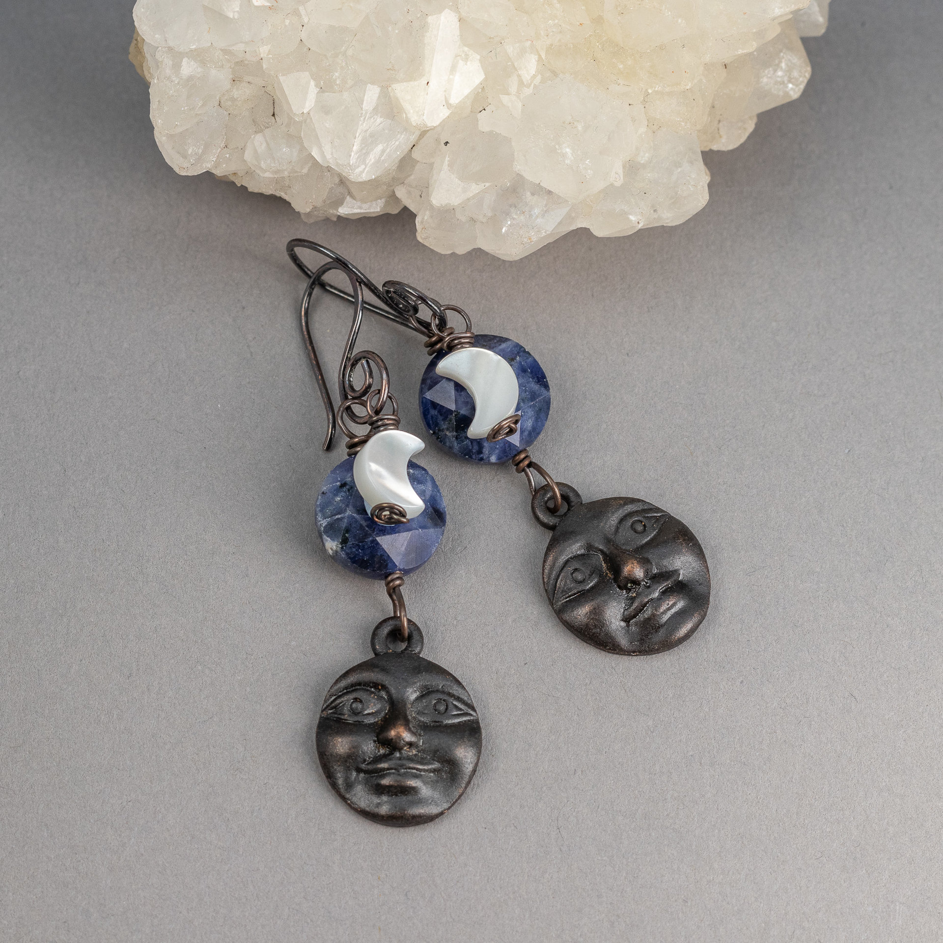 Man-in-the-Moon Dangle Earrings with Blue Sodalite and Mother of Pearl, Handmade in Copper