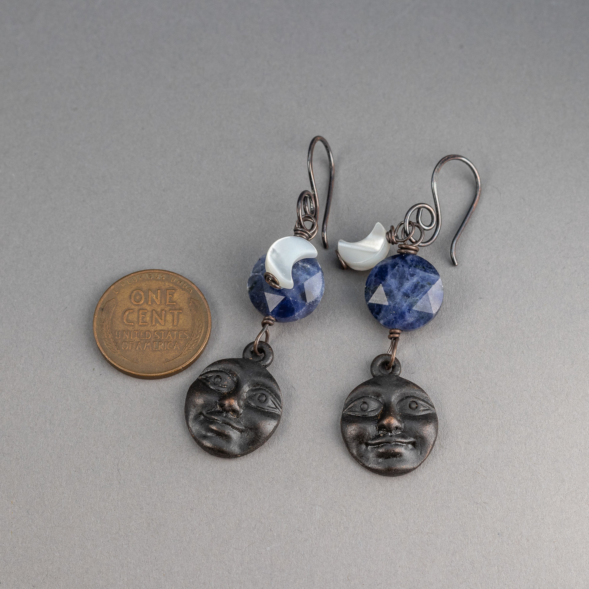 Man-in-the-Moon Dangle Earrings with Blue Sodalite and Mother of Pearl, Handmade in Copper
