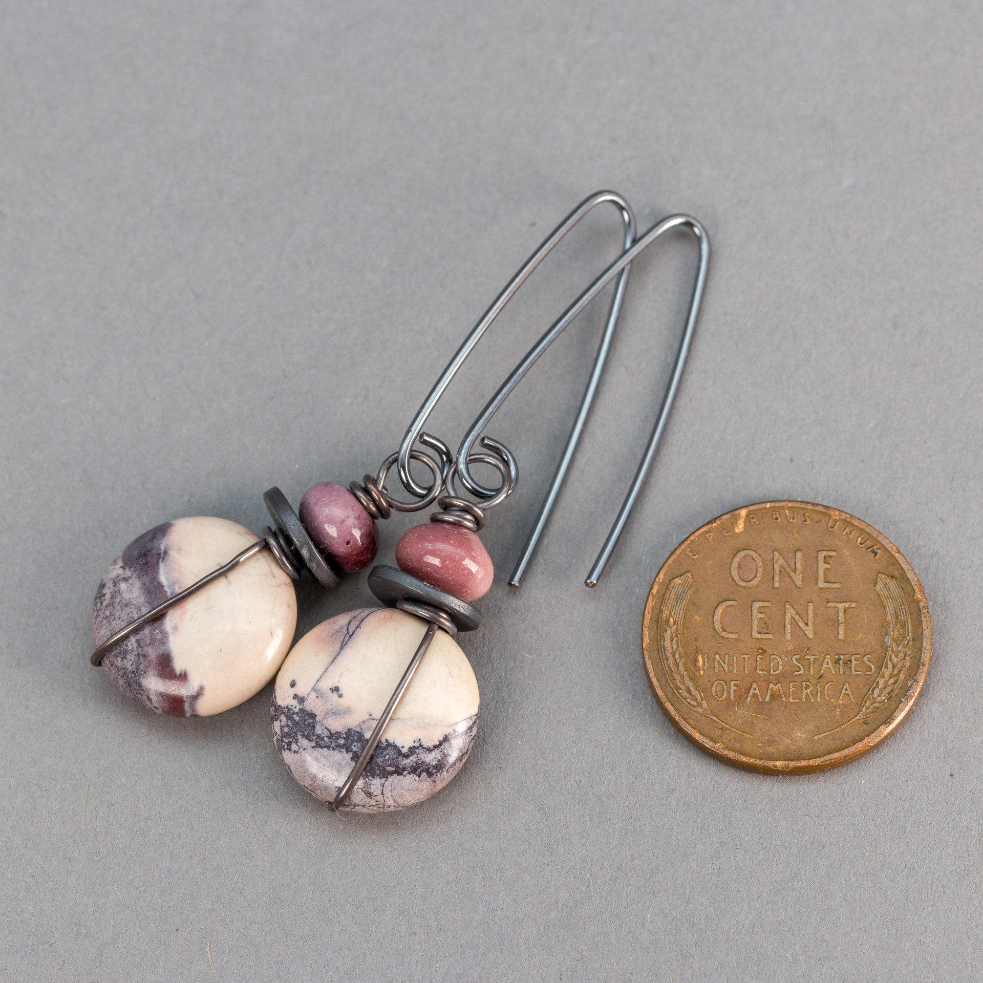 White Gray and Mauve Jasper Earrings, Porcelain Jasper Winter Scene Earrings
