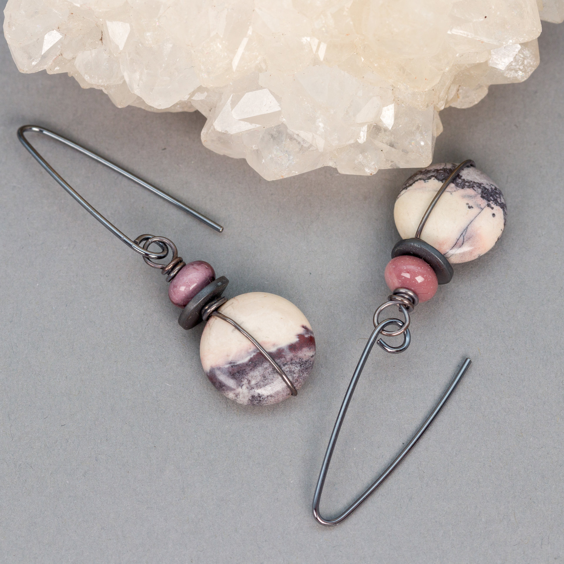White Gray and Mauve Jasper Earrings, Porcelain Jasper Winter Scene Earrings