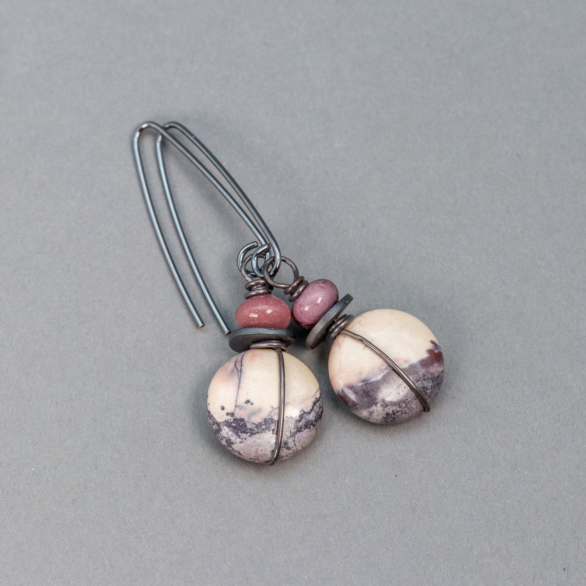 White Gray and Mauve Jasper Earrings, Porcelain Jasper Winter Scene Earrings
