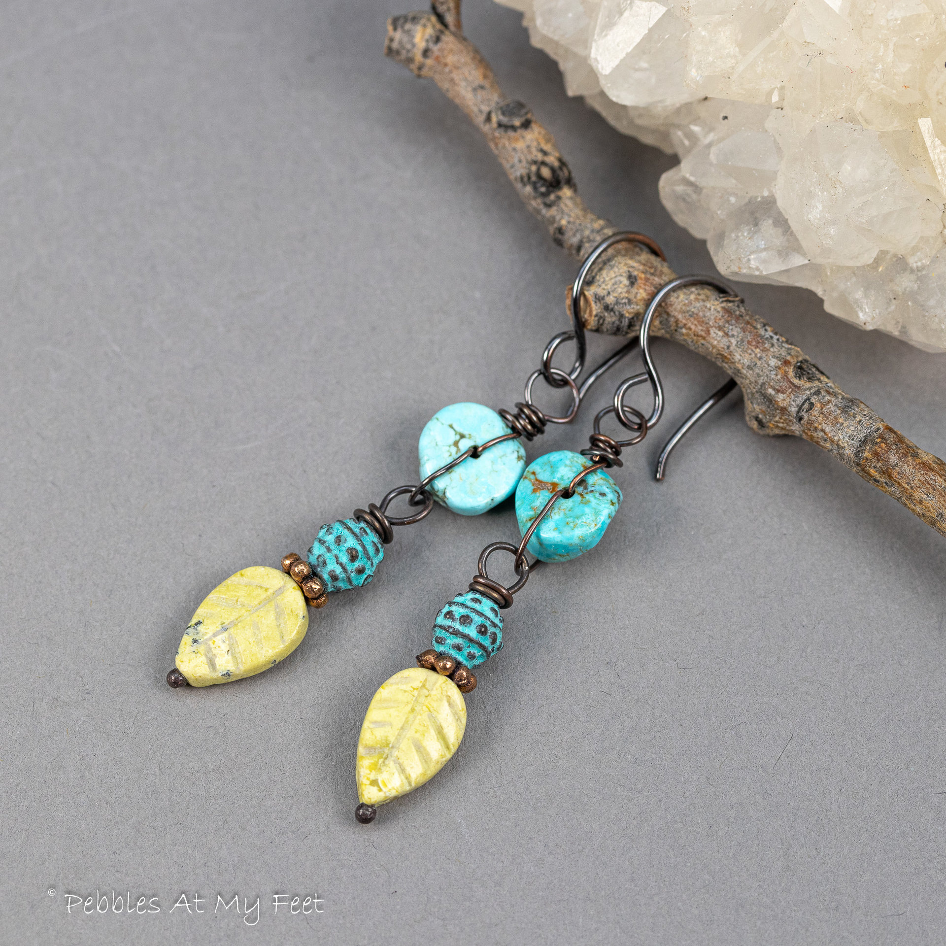 Yellow Leaf Earrings with Genuine Powder Blue Turquoise