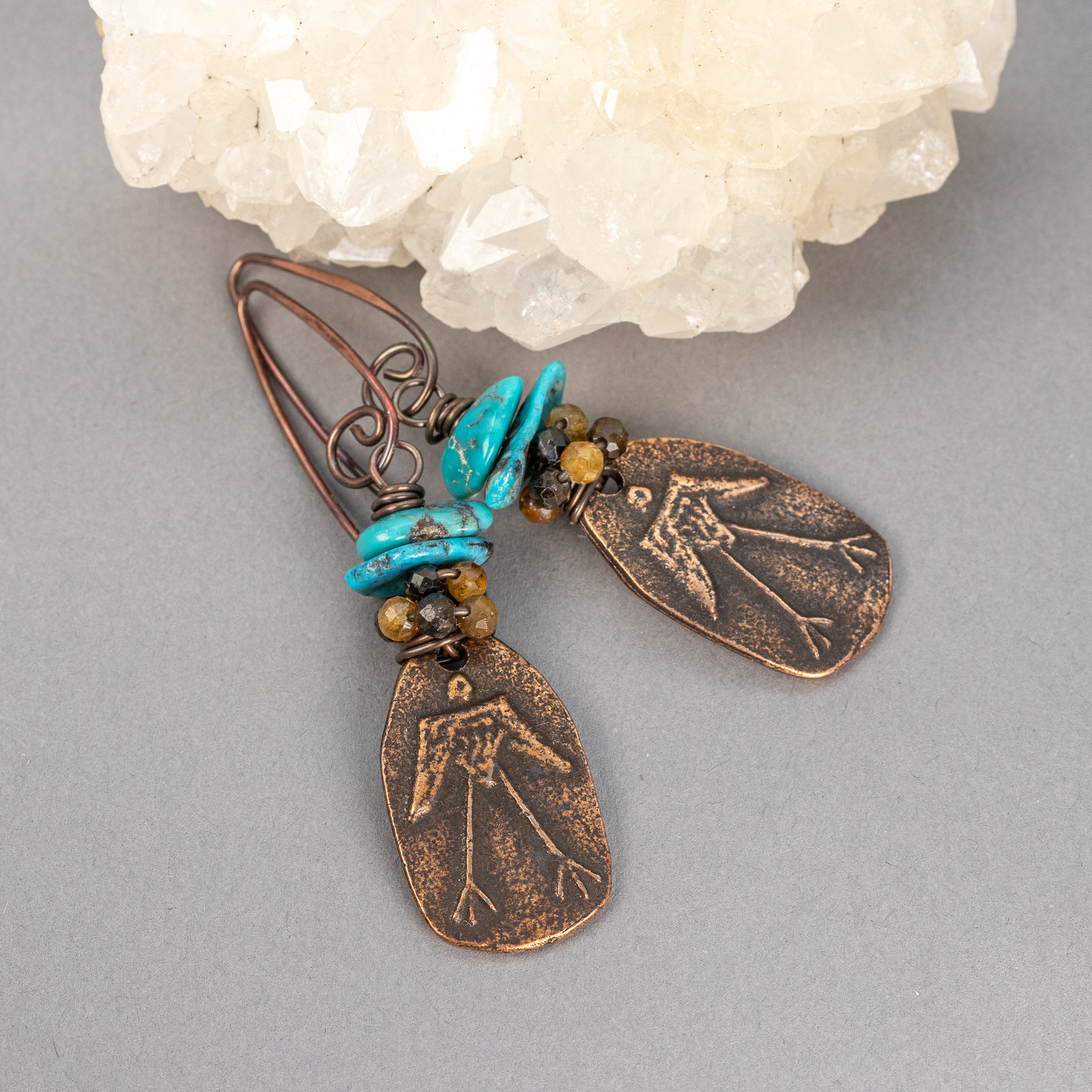 Primitive Bird Earrings, Turquoise and Tourmaline Earrings