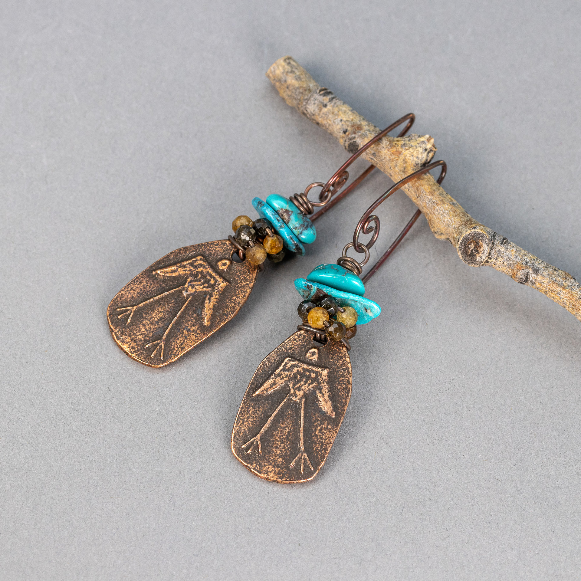 Primitive Bird Earrings, Turquoise and Tourmaline Earrings