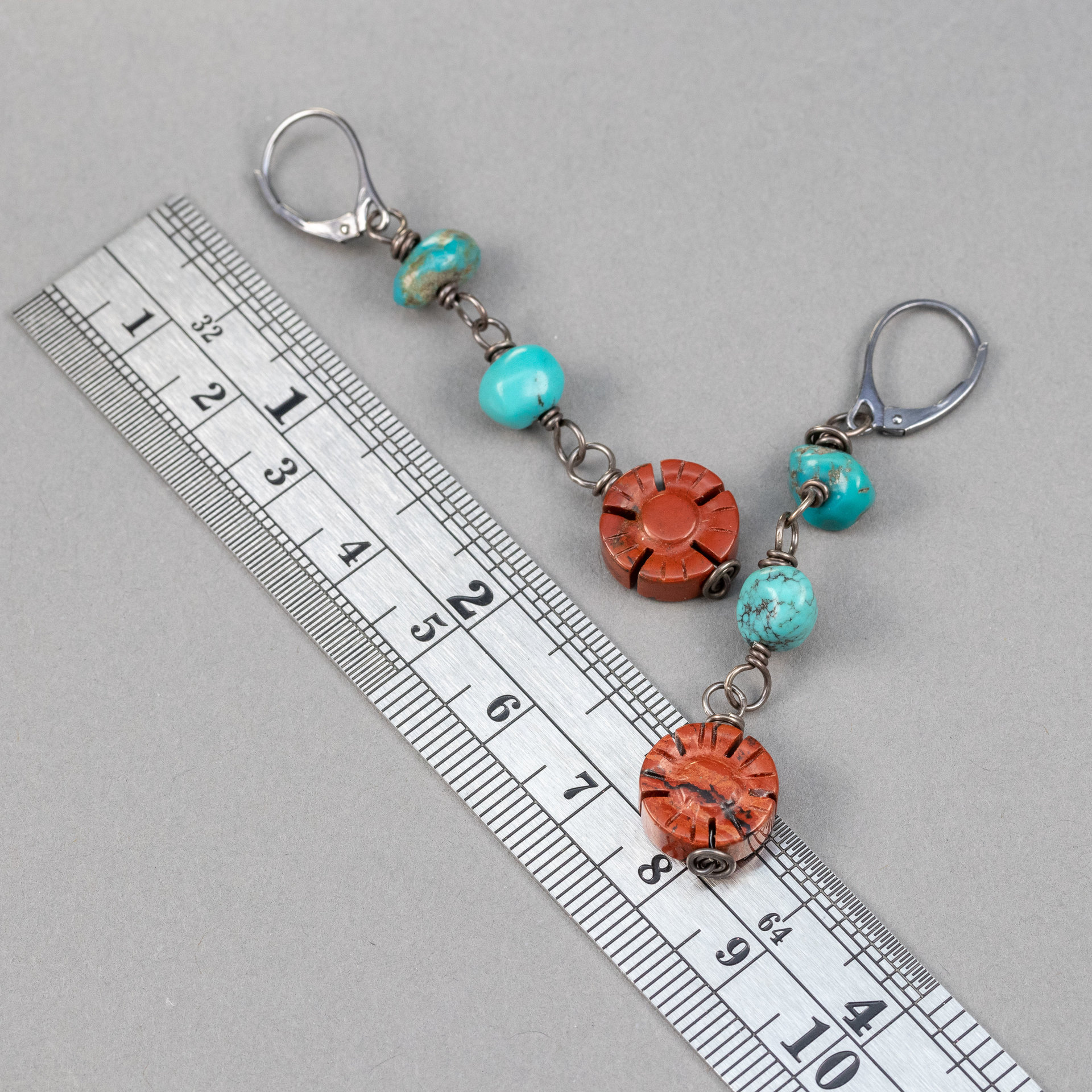 Turquoise Pebbles and Carved Red Jasper Flower Earrings, Jasper and Turquoise Dangle Earrings Handmade