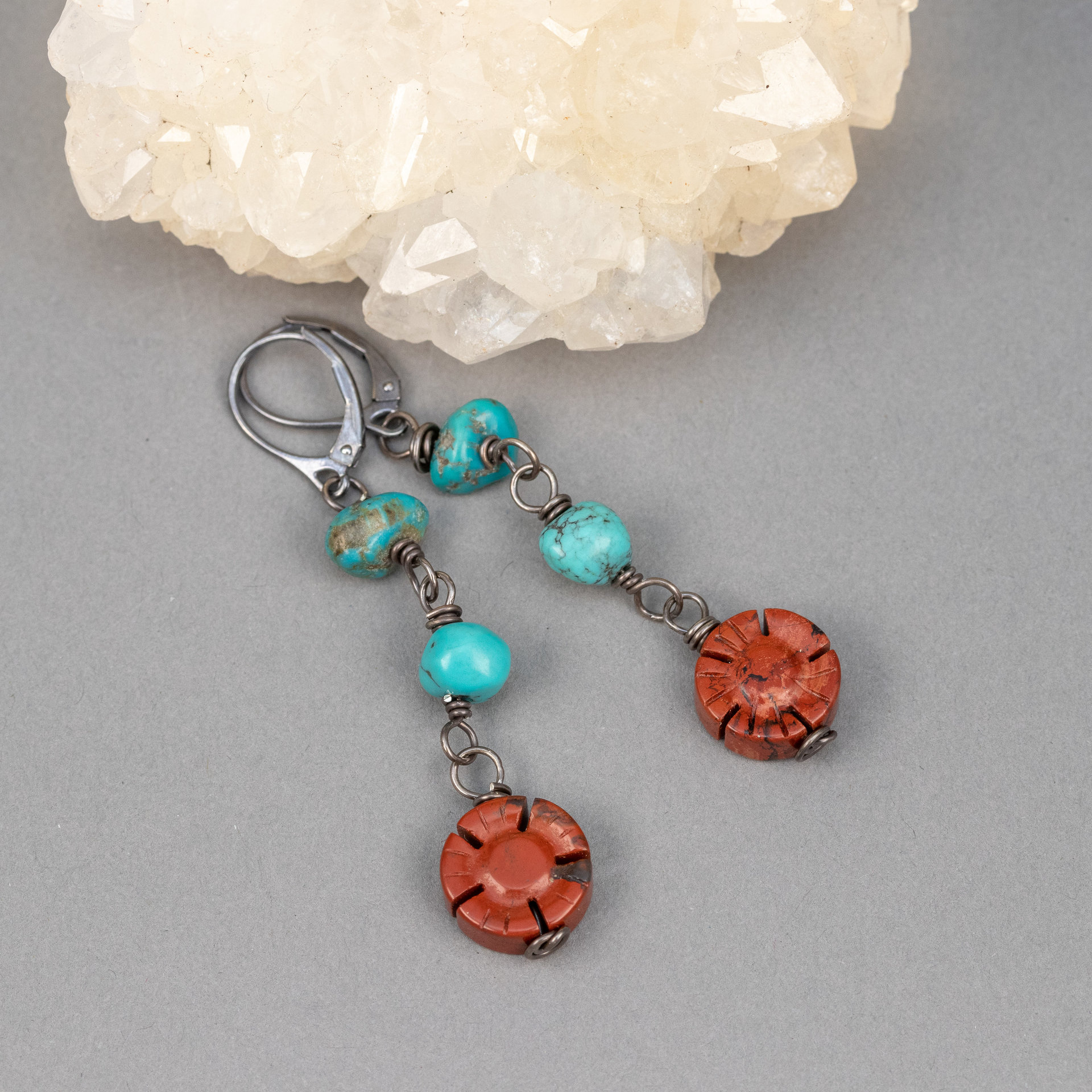 Turquoise Pebbles and Carved Red Jasper Flower Earrings, Jasper and Turquoise Dangle Earrings Handmade