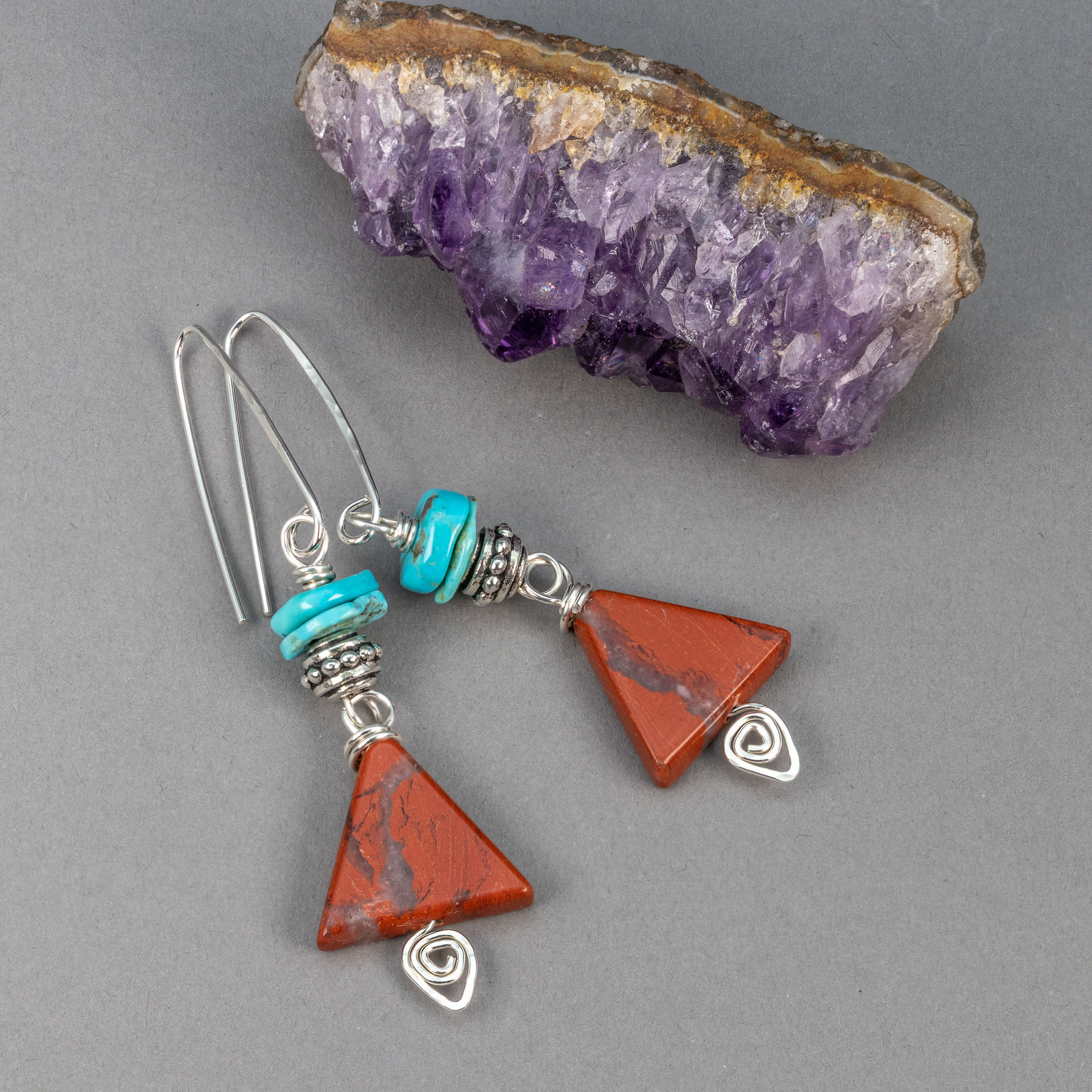 Red Jasper and Turquoise Earrings in Sterling Silver, Triangle Dangle Earrings