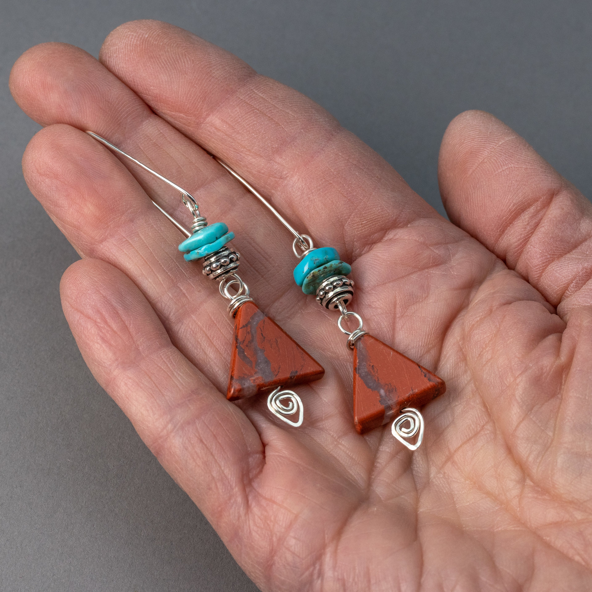 Red Jasper and Turquoise Earrings in Sterling Silver, Triangle Dangle Earrings