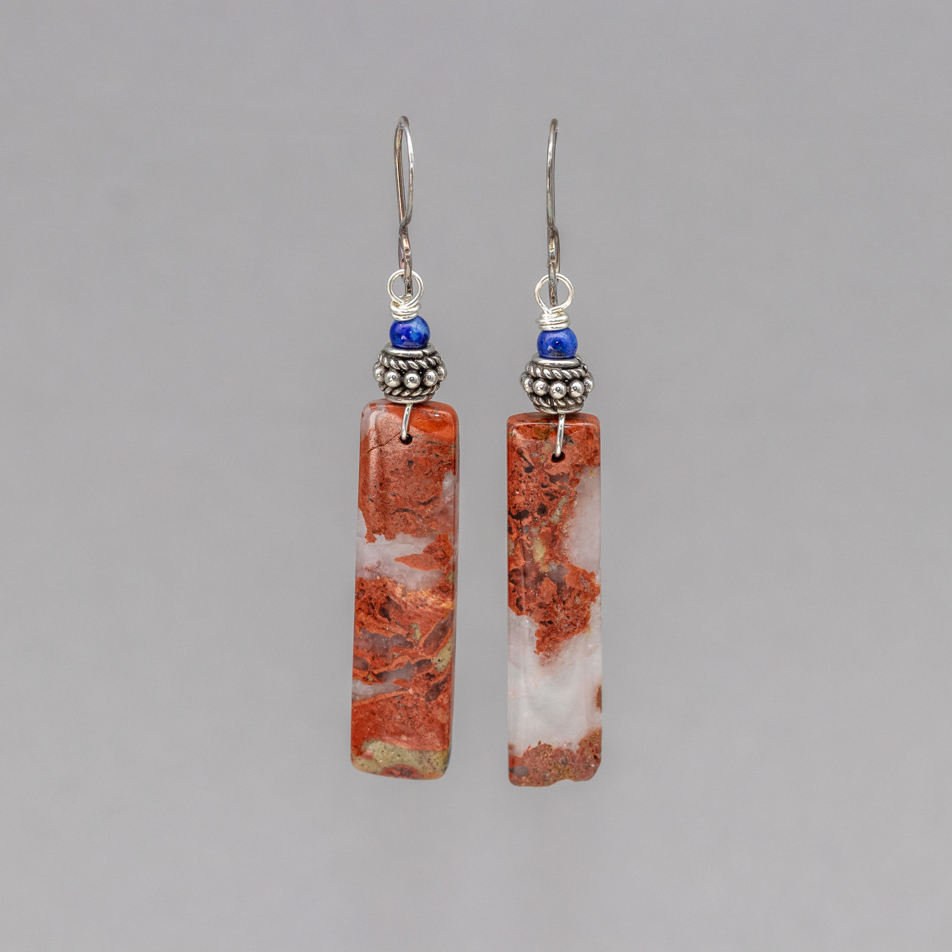 Red River Jasper, Lapis, Silver Bali Bead Earrings