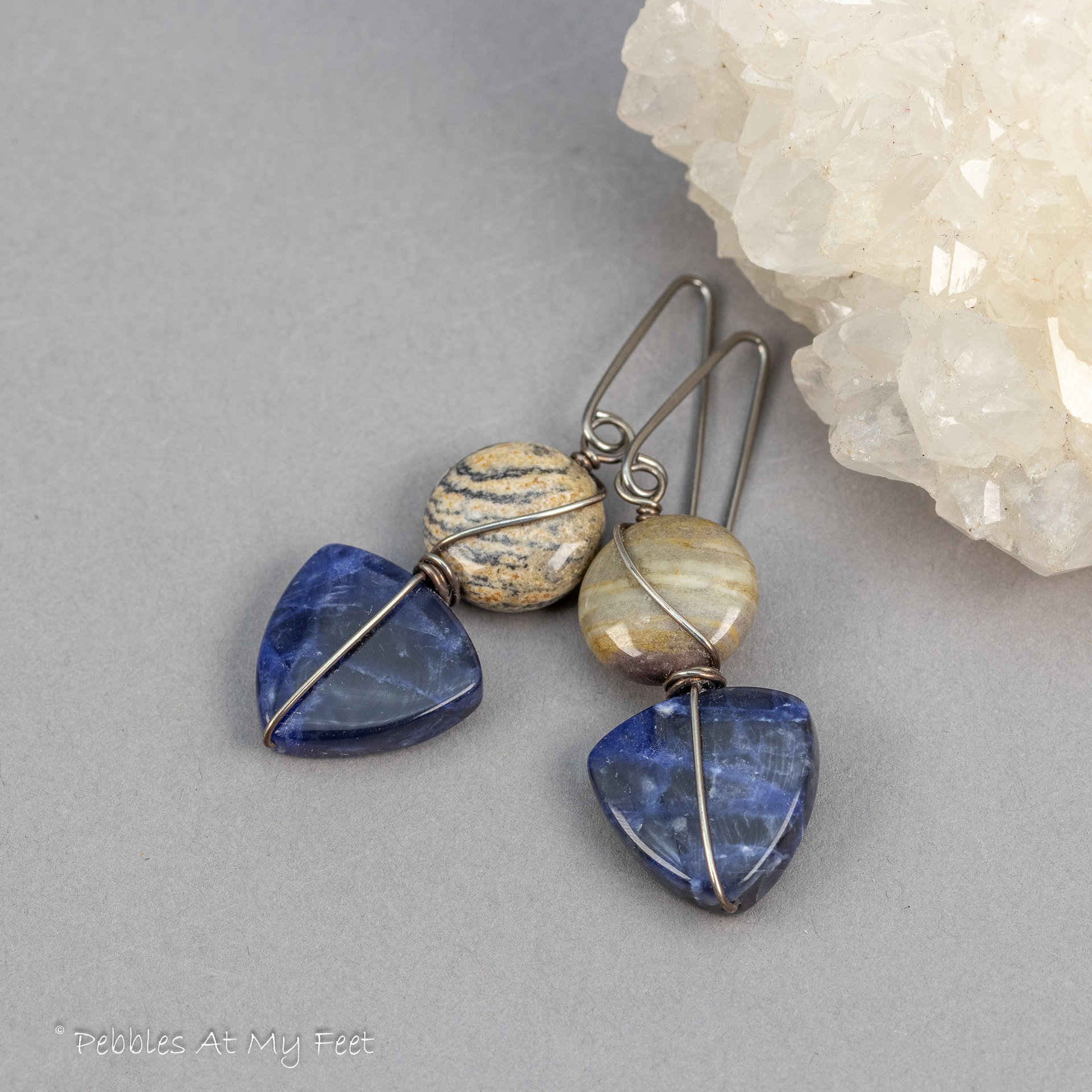 Sodalite Earrings with Beige Jasper, Sterling Silver Blue Stone Earrings with Nickel-free Niobium Hooks