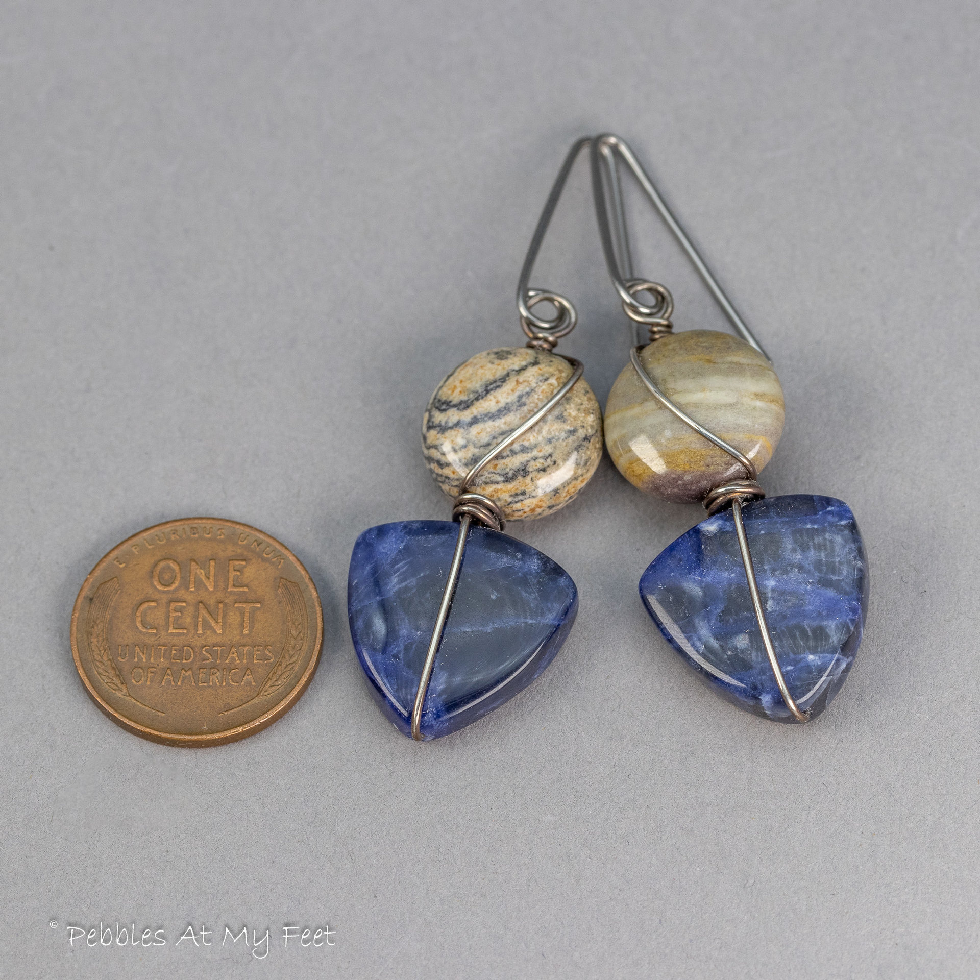 Sodalite Earrings with Beige Jasper, Sterling Silver Blue Stone Earrings with Nickel-free Niobium Hooks