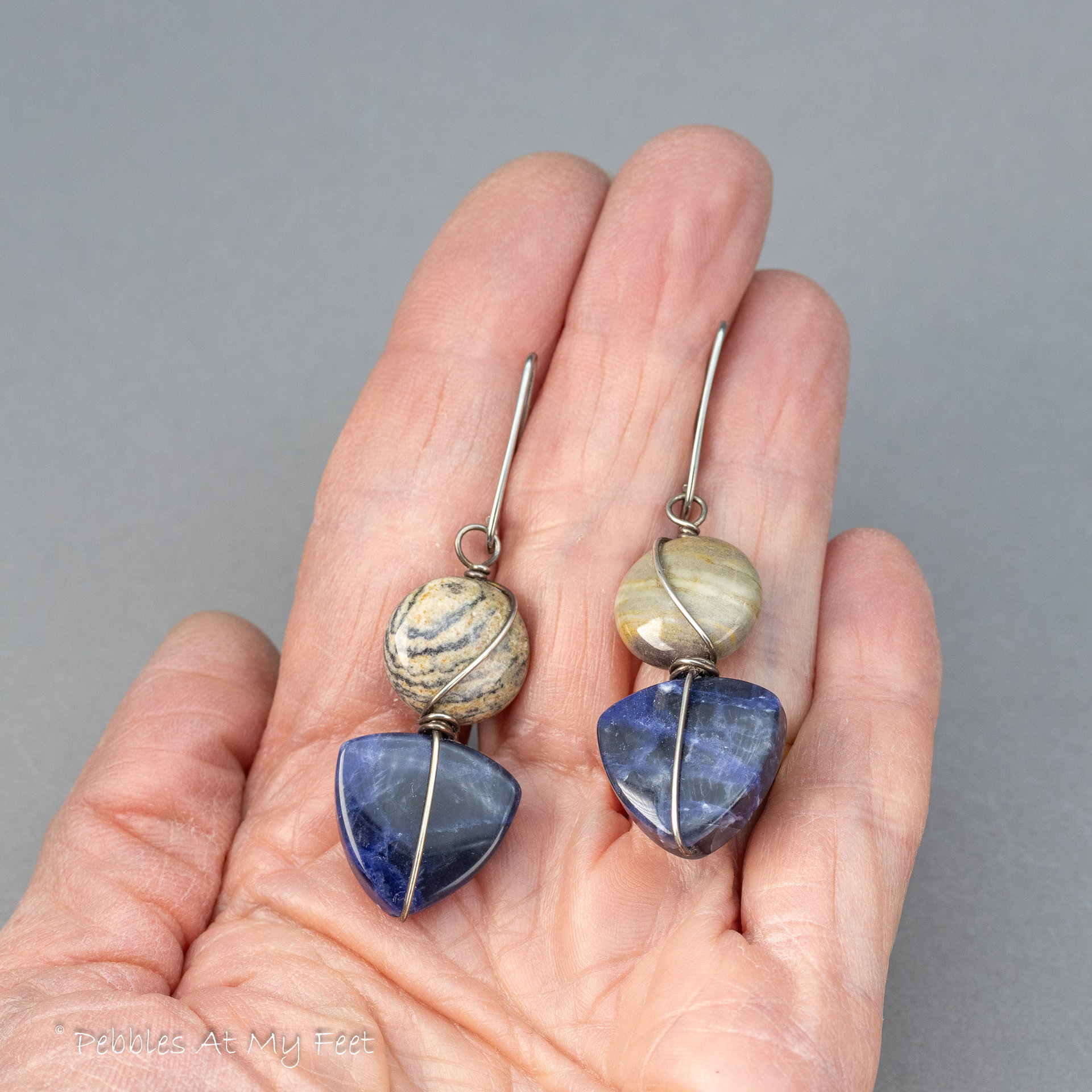 Sodalite Earrings with Beige Jasper, Sterling Silver Blue Stone Earrings with Nickel-free Niobium Hooks