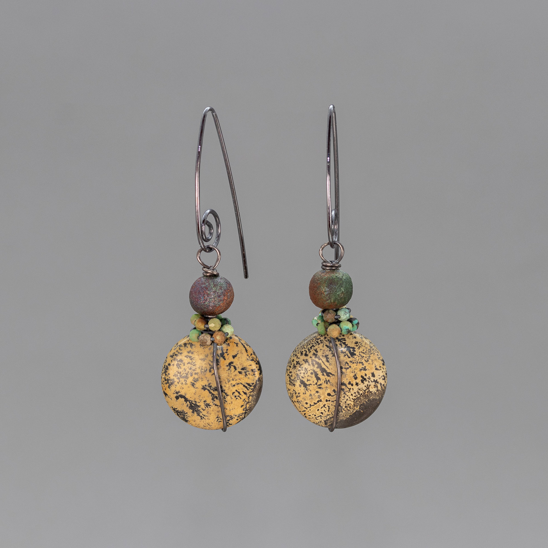 Brown Chohua Stone Earrings Wired in Sterling Silver with Raku Ceramic Beads and Turquoise