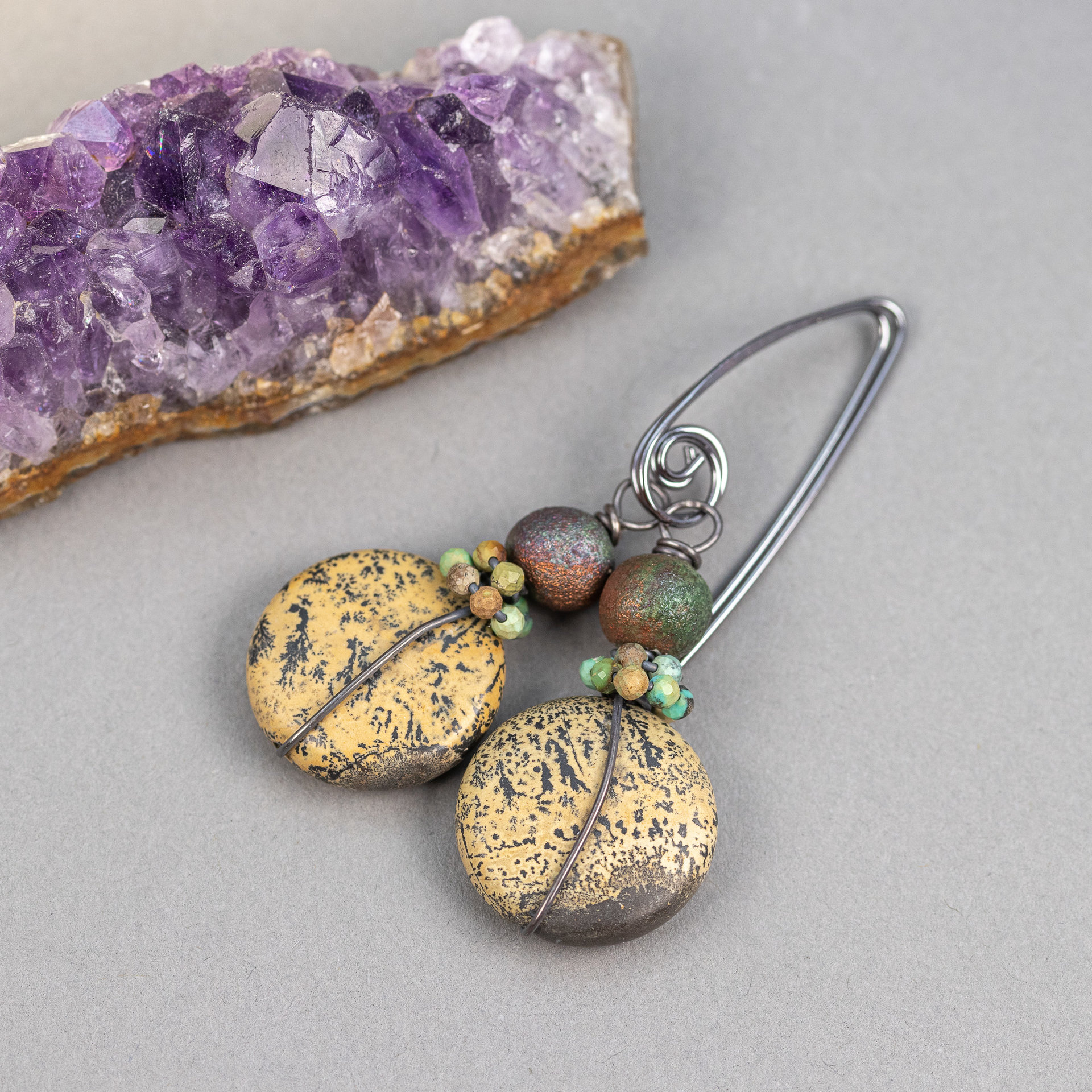 Brown Chohua Stone Earrings Wired in Sterling Silver with Raku Ceramic Beads and Turquoise