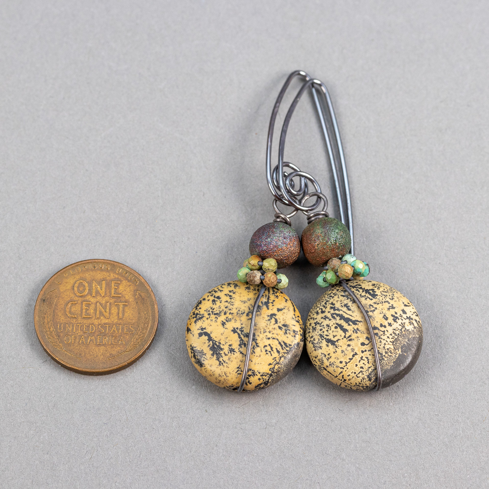Brown Chohua Stone Earrings Wired in Sterling Silver with Raku Ceramic Beads and Turquoise