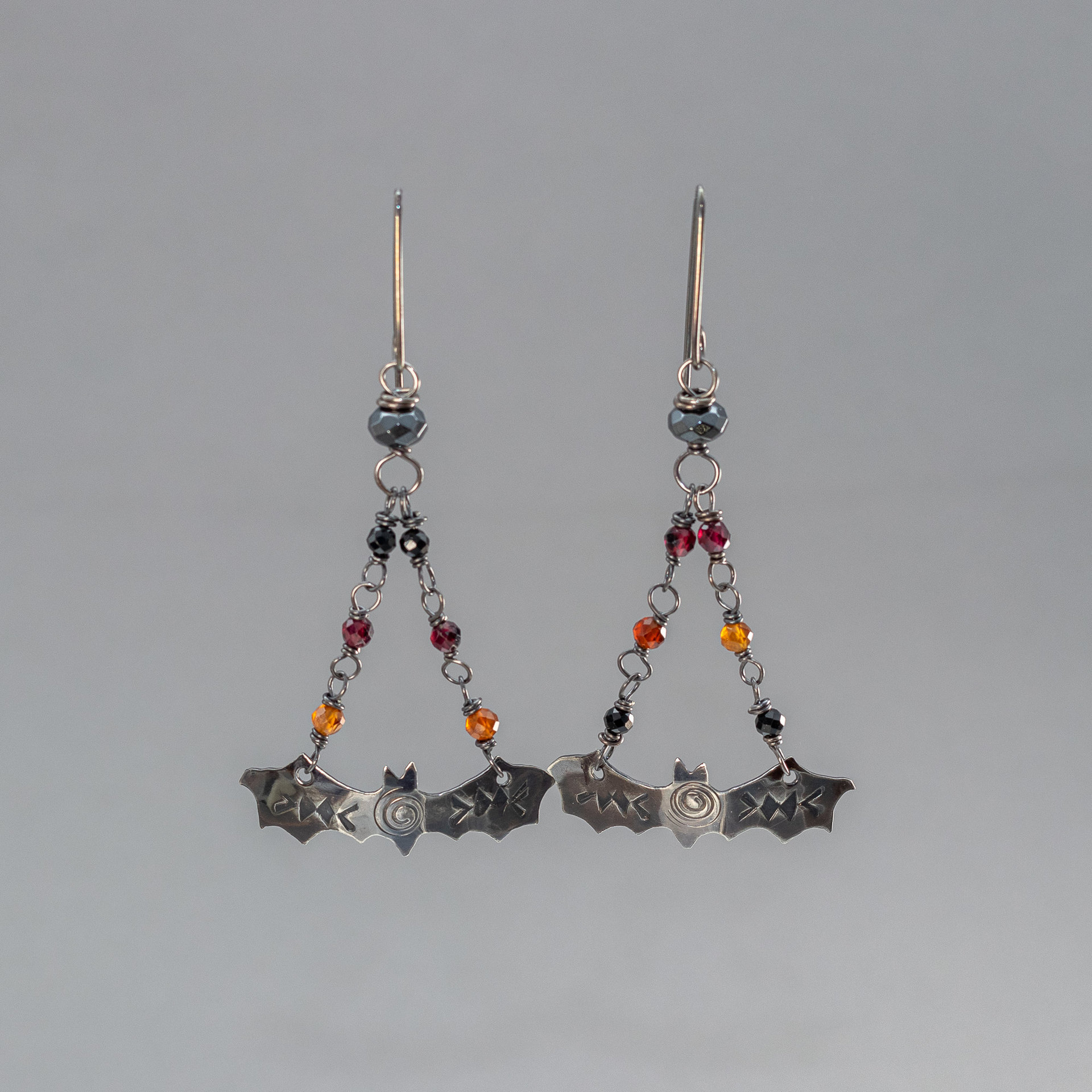Blackened Silver Flying Bat Earrings Red Orange Black Gemstone Chain